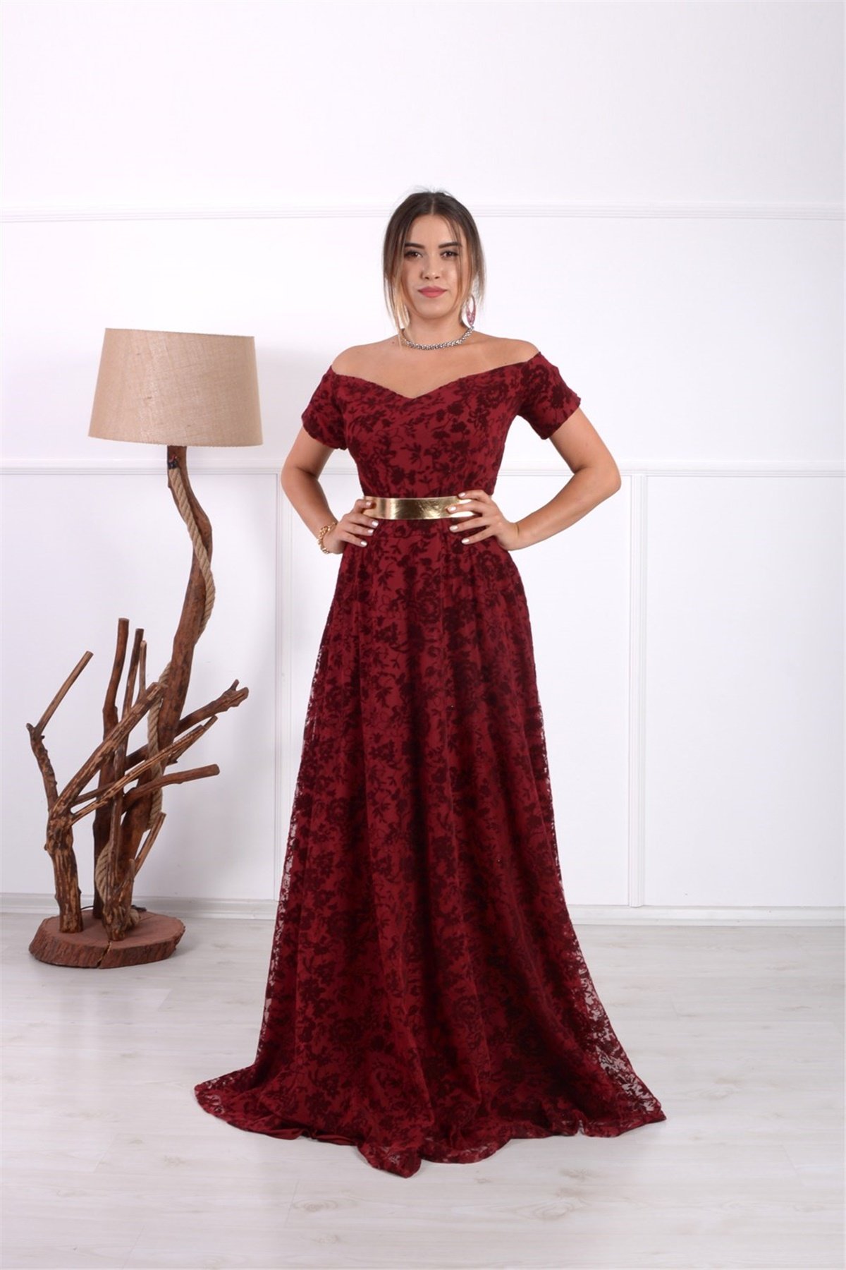 Flok Baskı Tasarım Elbise - Bordo