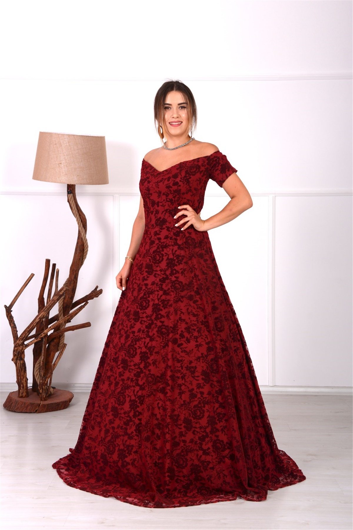 Flok Baskı Tasarım Elbise - Bordo
