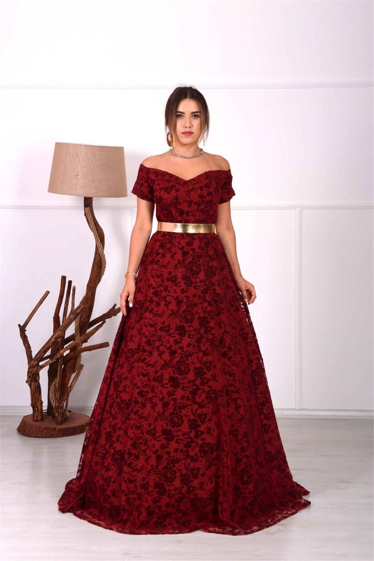Flok Baskı Tasarım Elbise - Bordo