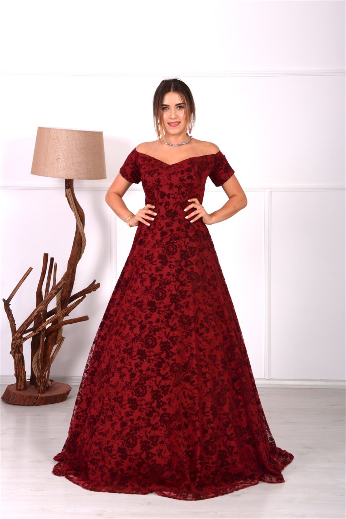 Flok Baskı Tasarım Elbise - Bordo