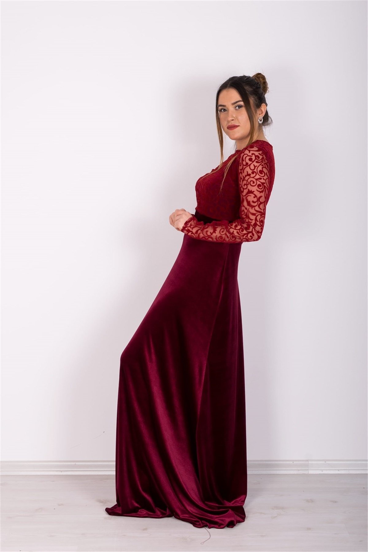 Flok Dantel Alt Kadife Abiye Elbise - Bordo