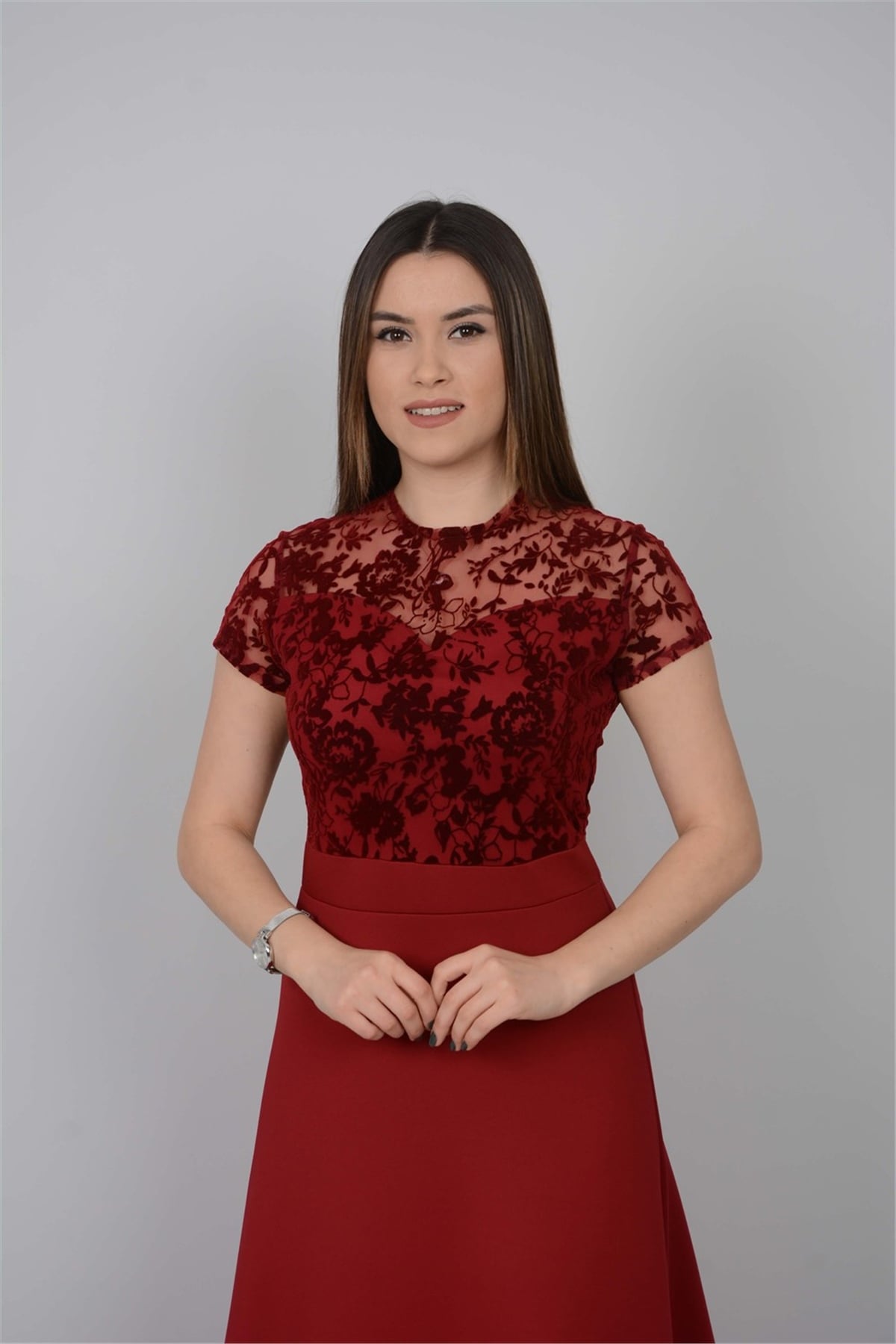 Flok Dantel Alt Scuba Abiye Elbise - Bordo