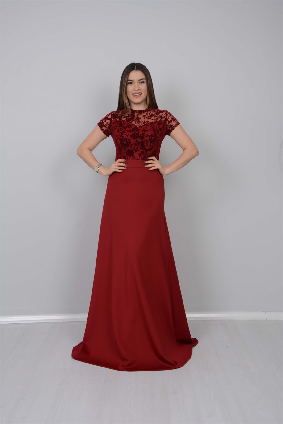 Flok Dantel Alt Scuba Abiye Elbise - Bordo