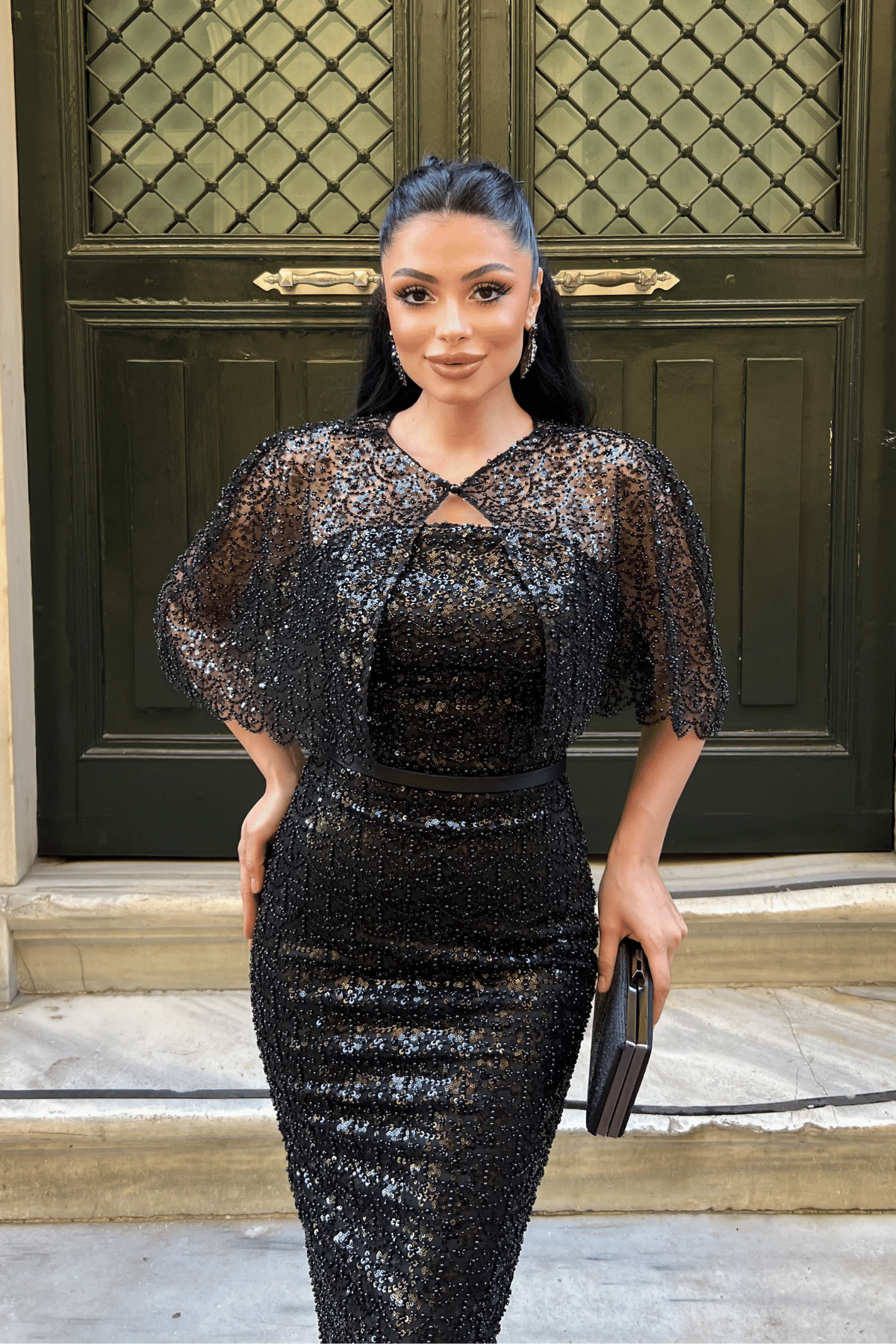 Ful Boncuklu Kumaş Bolero Detaylı Kalem Elbise - SİYAH