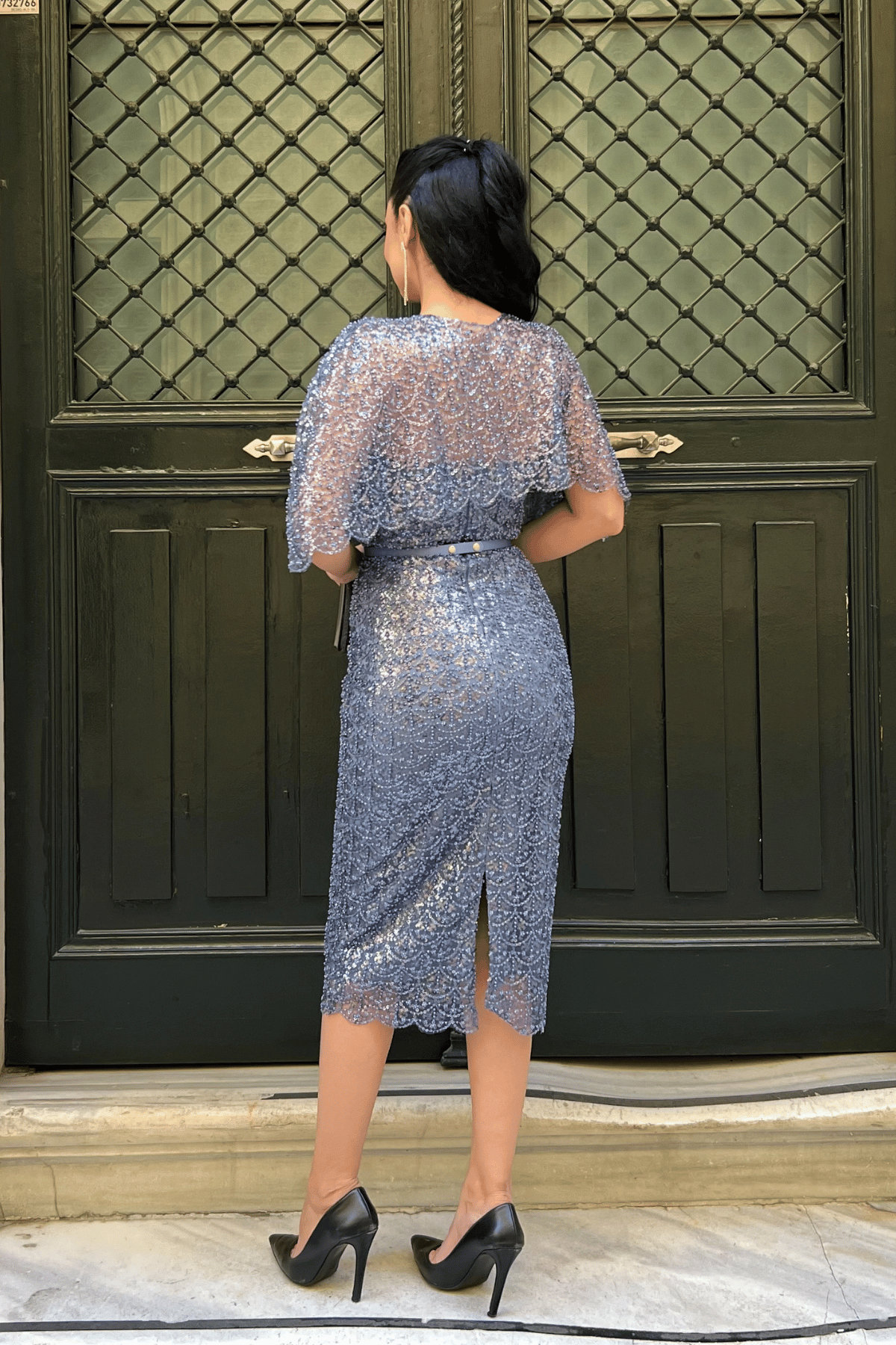 Ful Boncuklu Kumaş Bolero Detaylı Kalem Elbise - İNDİGO MAVİ