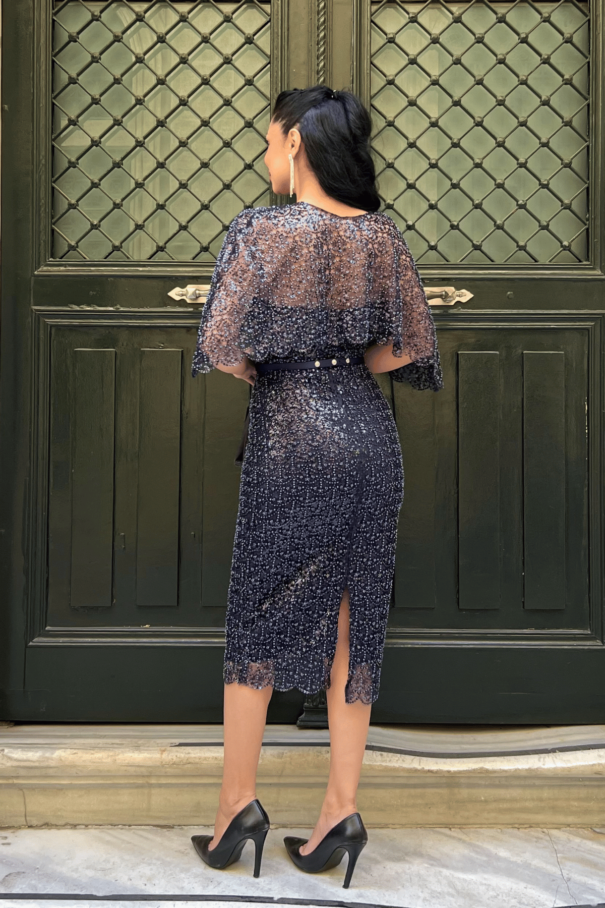 Ful Boncuklu Kumaş Bolero Detaylı Kalem Elbise - LACİVERT