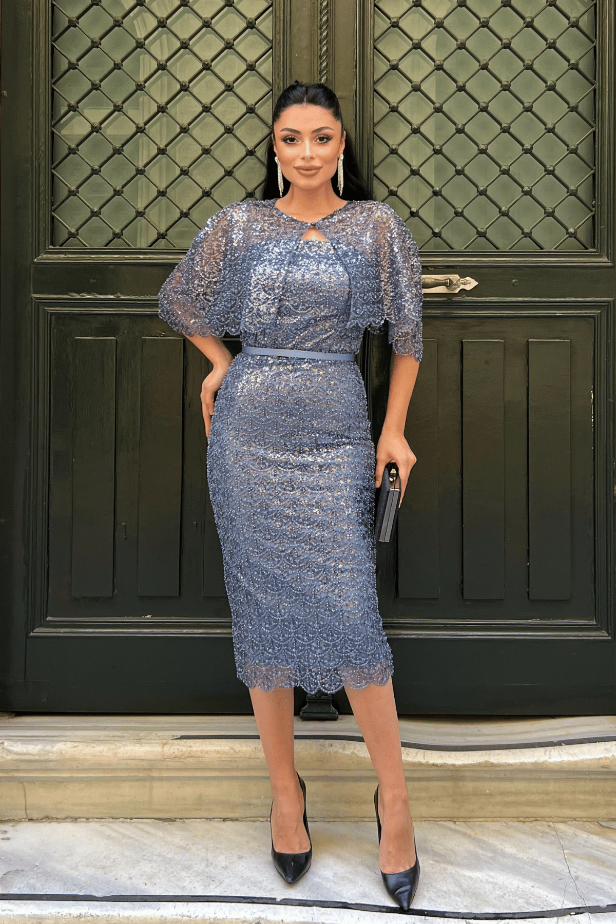 Ful Boncuklu Kumaş Bolero Detaylı Kalem Elbise - İNDİGO MAVİ