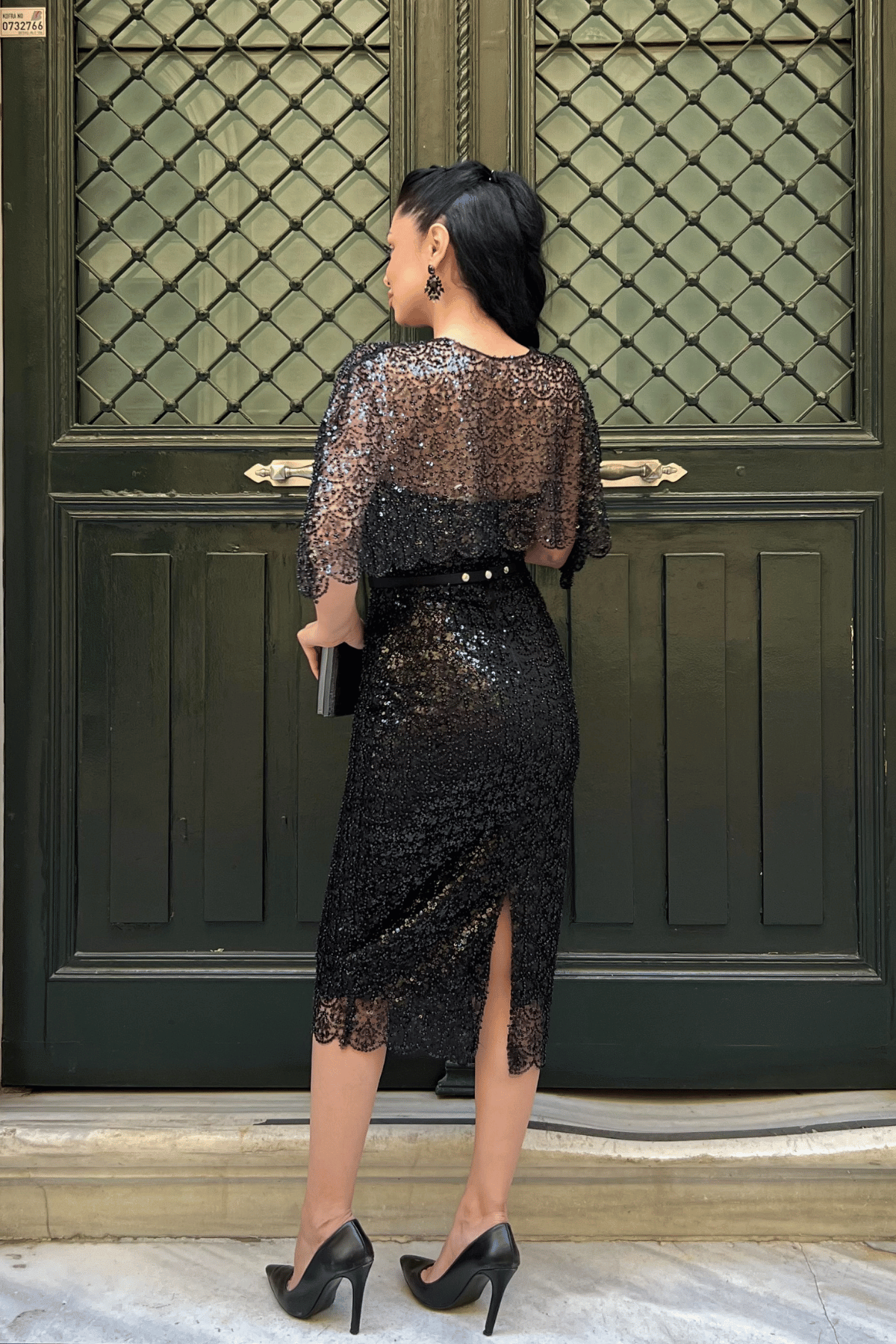 Ful Boncuklu Kumaş Bolero Detaylı Kalem Elbise - SİYAH