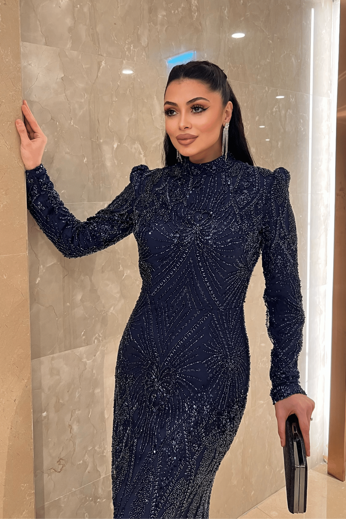 Full Boncuk Kumaş Tasarım Abiye Elbise - LACİVERT