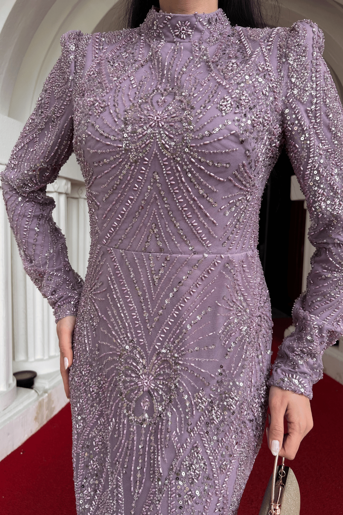 Full Boncuk Kumaş Tasarım Abiye Elbise - LİLA