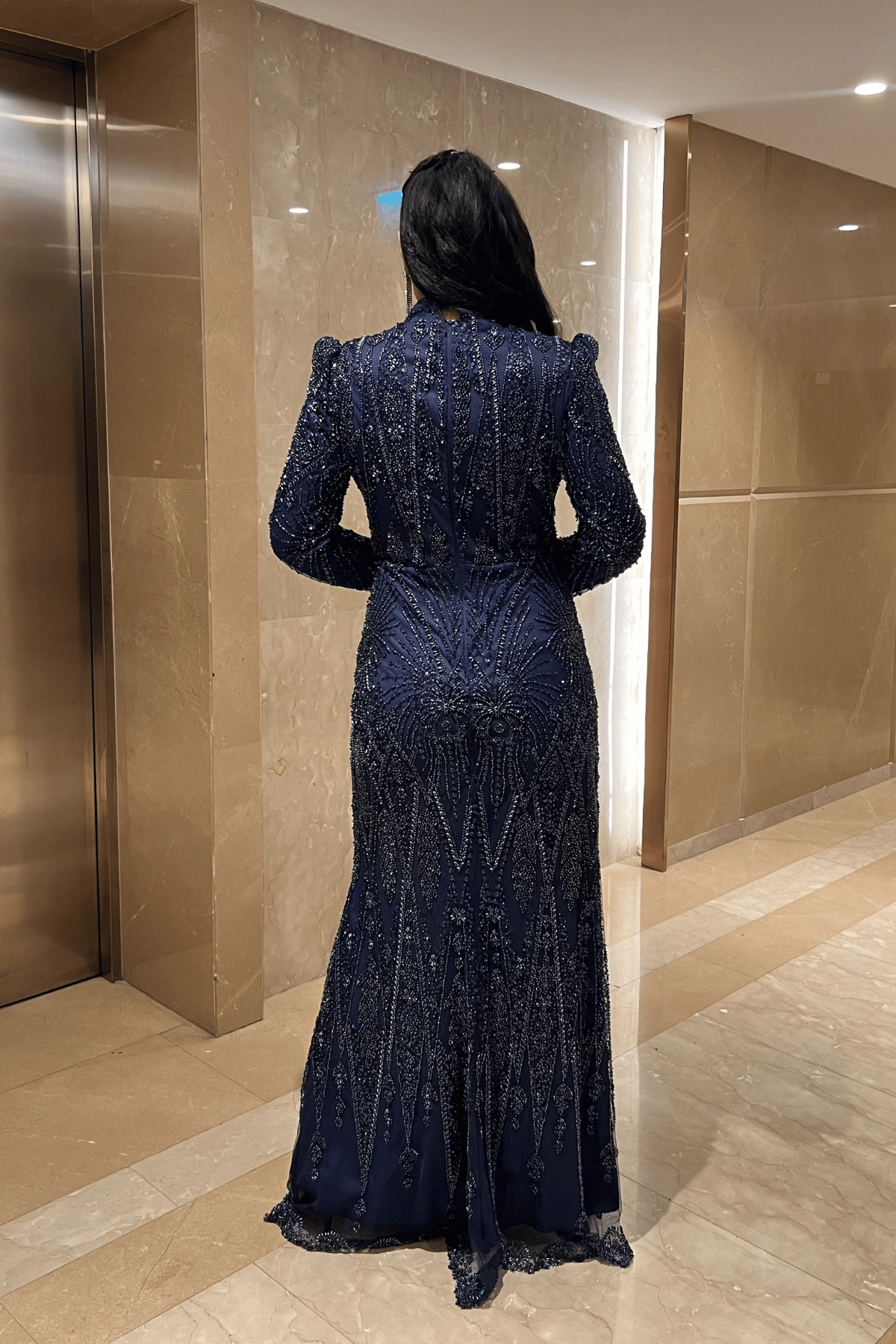 Full Boncuk Kumaş Tasarım Abiye Elbise - LACİVERT