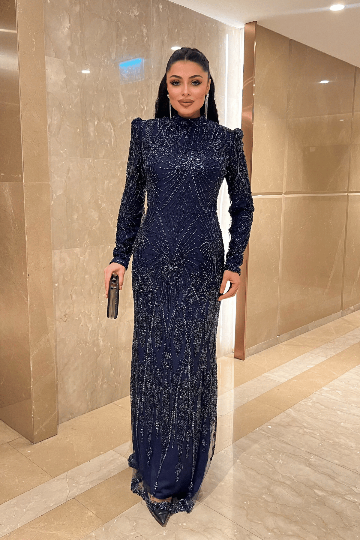 Full Boncuk Kumaş Tasarım Abiye Elbise - LACİVERT