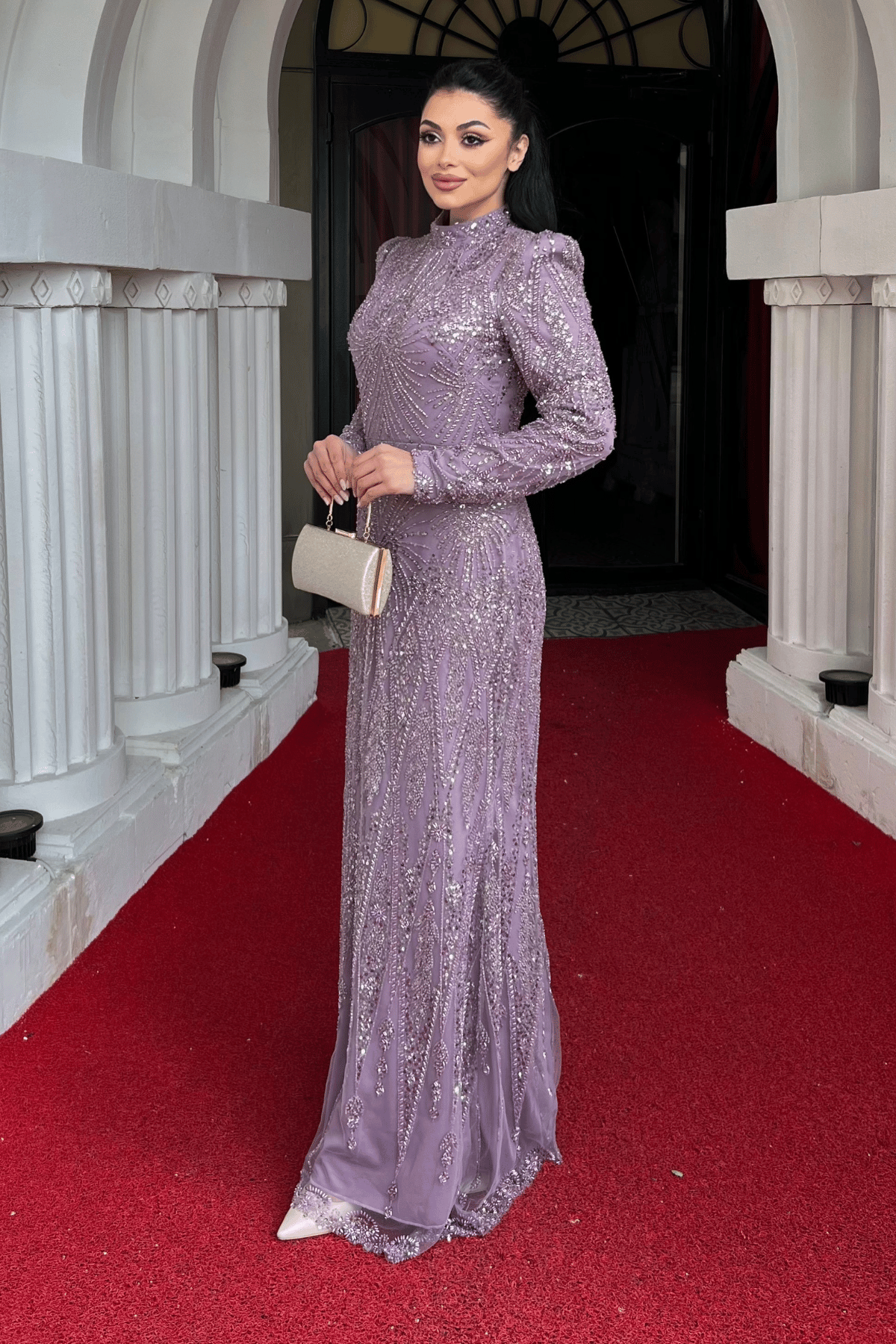 Full Boncuk Kumaş Tasarım Abiye Elbise - LİLA