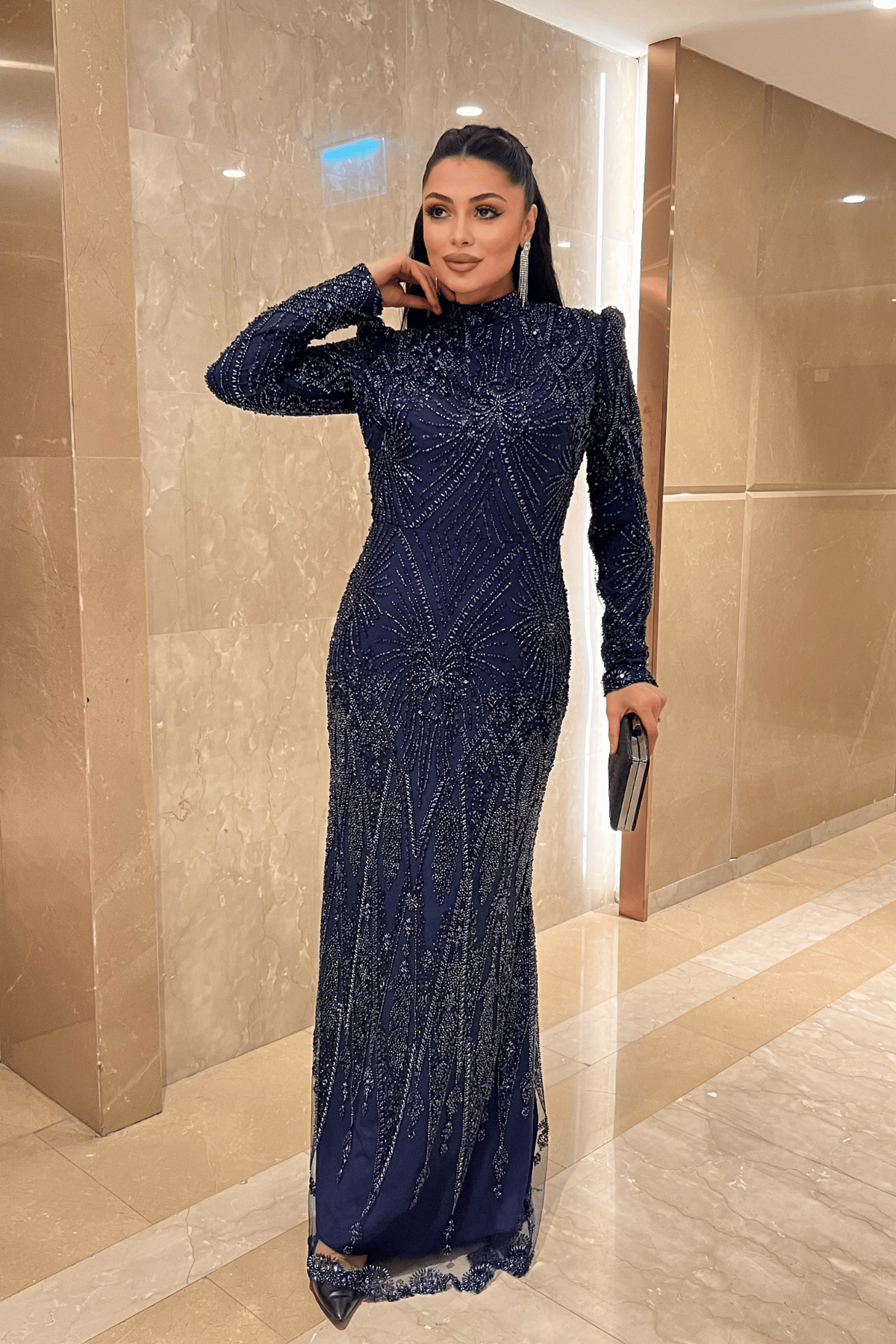 Full Boncuk Kumaş Tasarım Abiye Elbise - LACİVERT