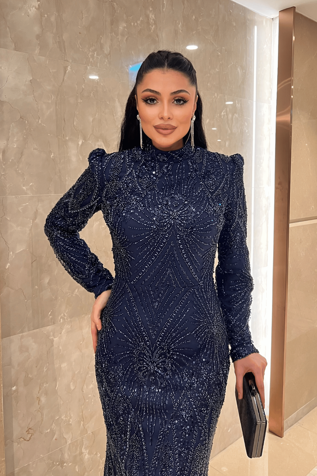 Full Boncuk Kumaş Tasarım Abiye Elbise - LACİVERT