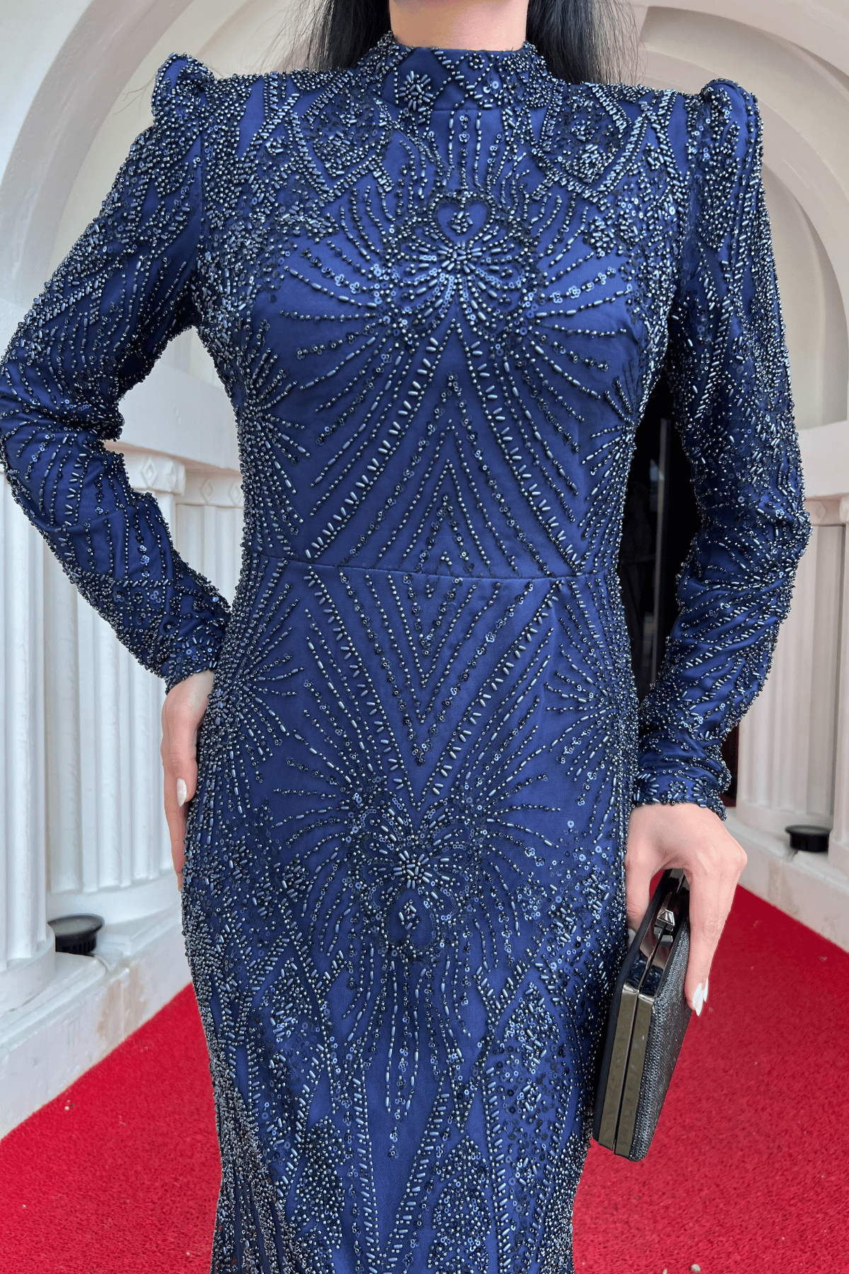 Full Boncuk Kumaş Tasarım Abiye Elbise - LACİVERT