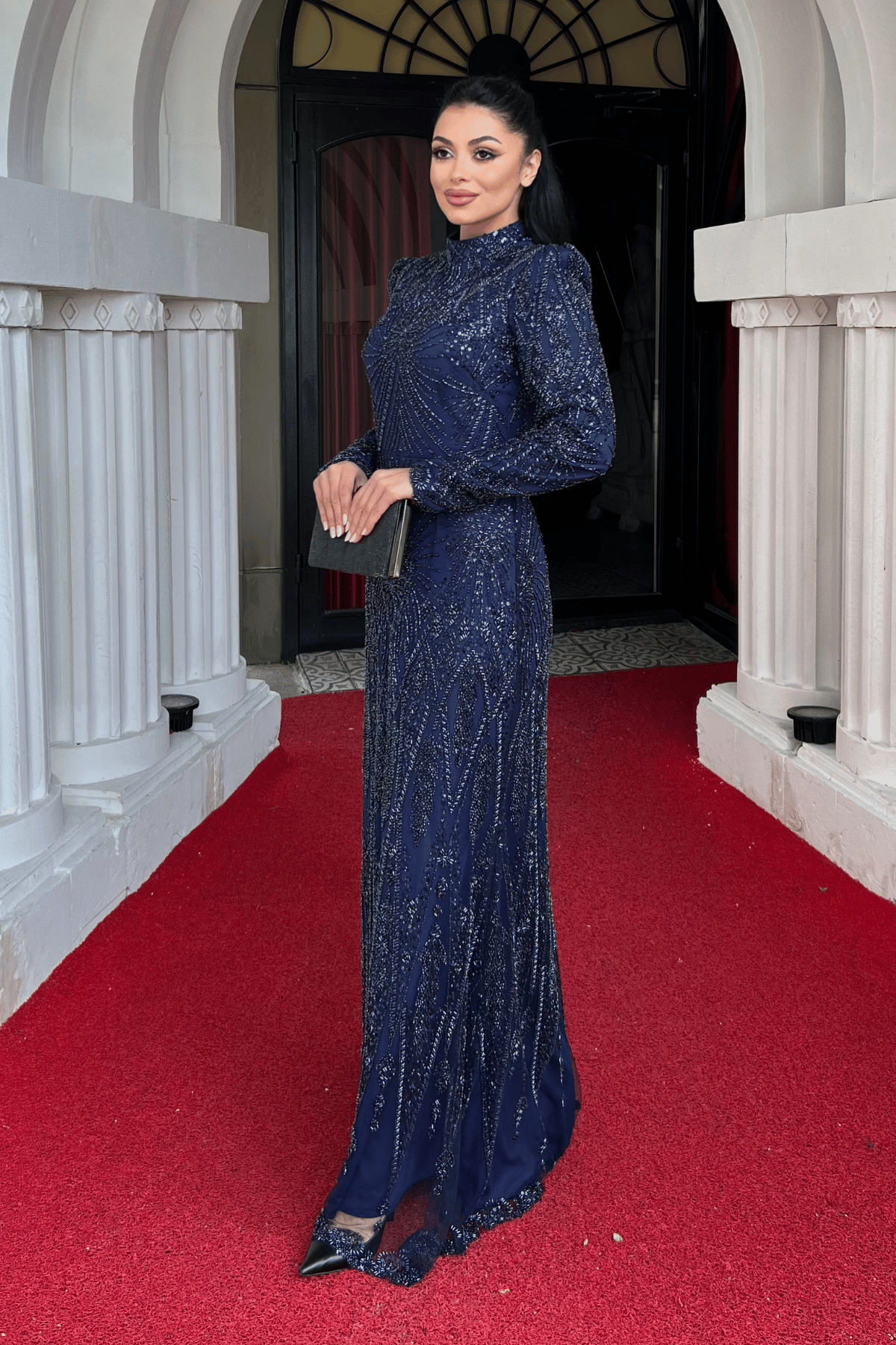 Full Boncuk Kumaş Tasarım Abiye Elbise - LACİVERT