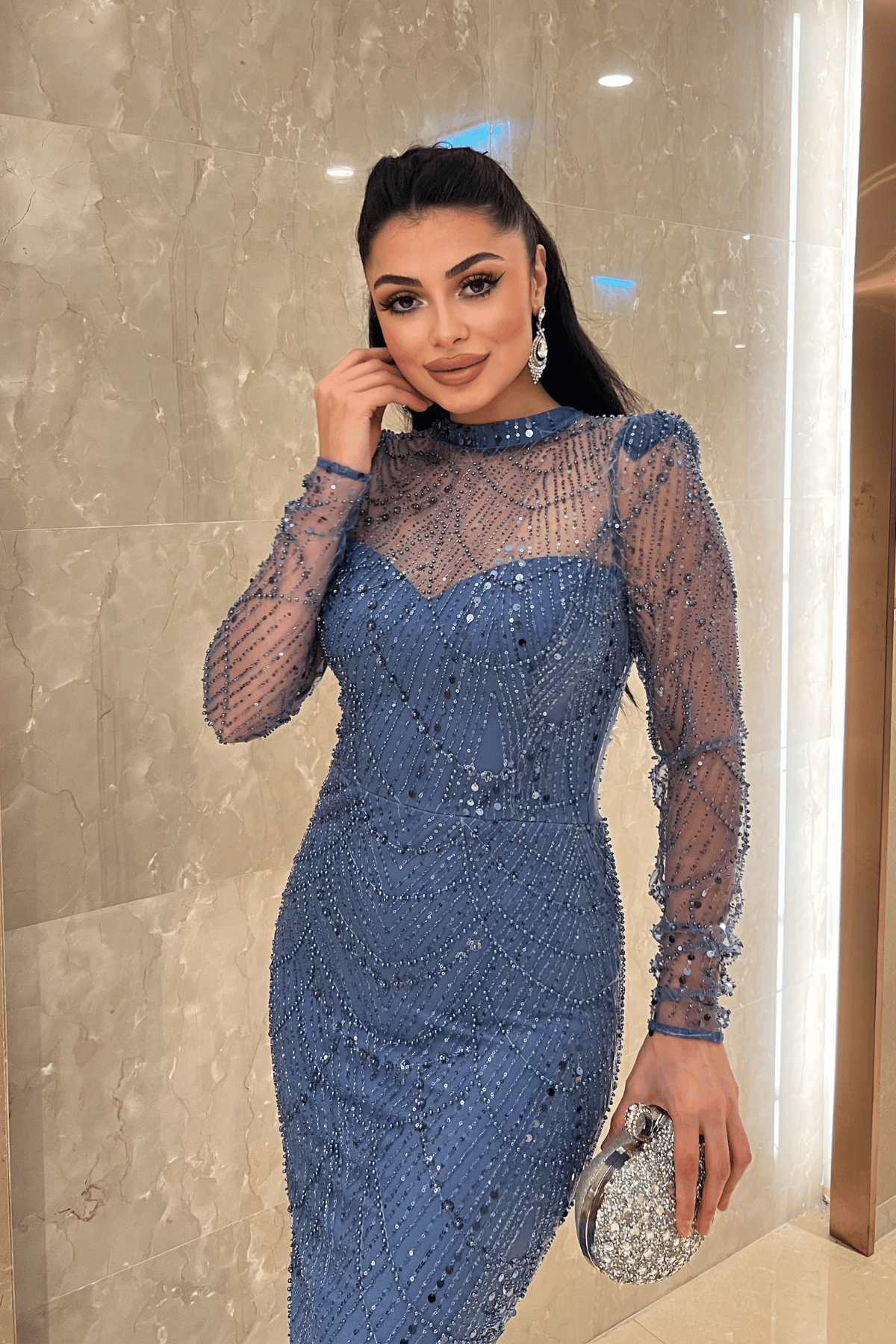 Full Boncuklu Kumaş Balık Abiye Elbise - İNDİGO MAVİ