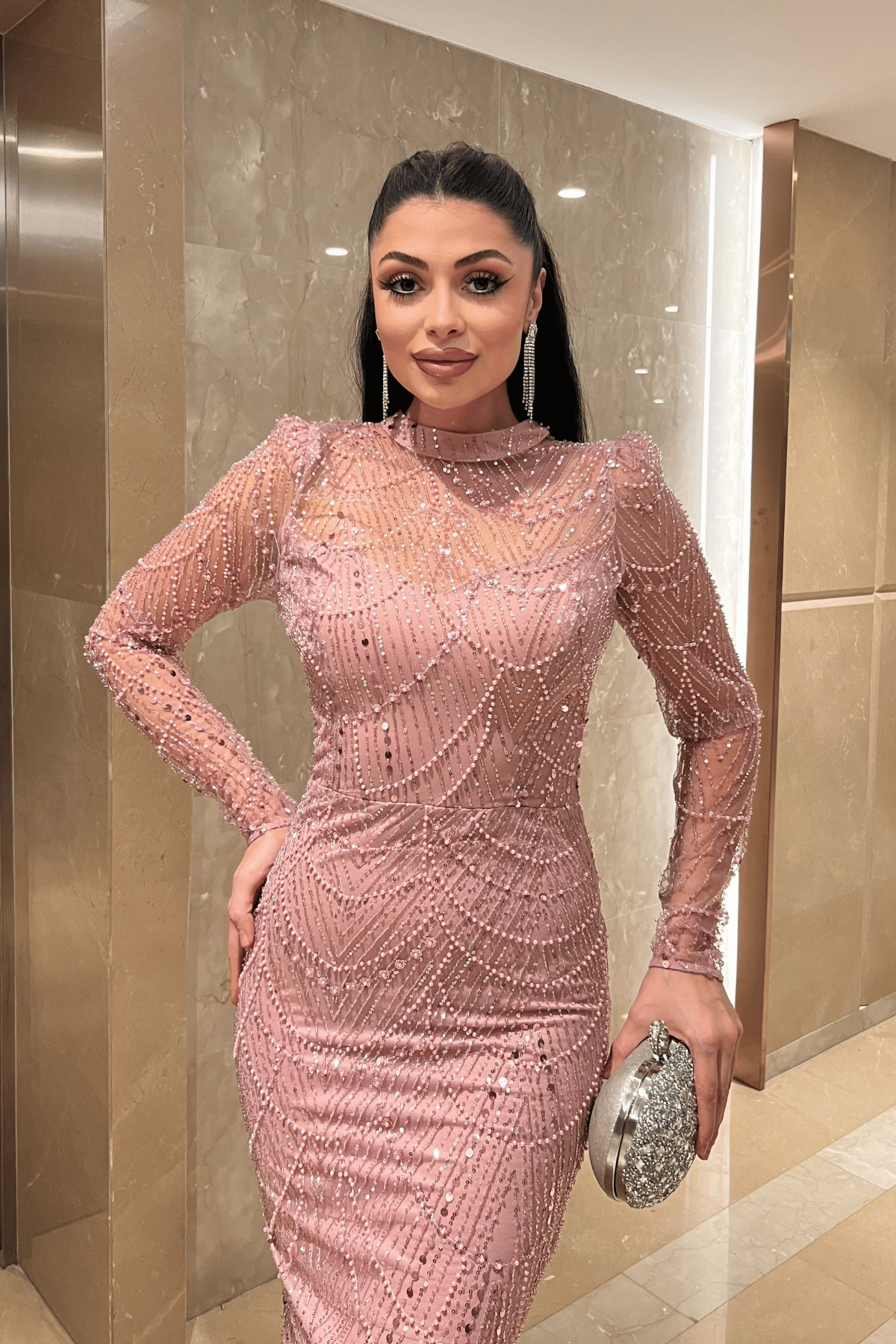 Full Boncuklu Kumaş Balık Abiye Elbise - PUDRA