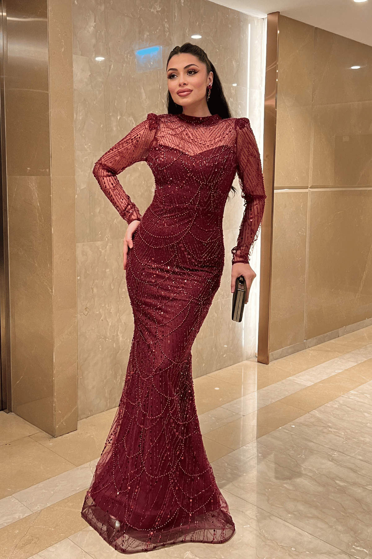 Full Boncuklu Kumaş Balık Abiye Elbise - BORDO