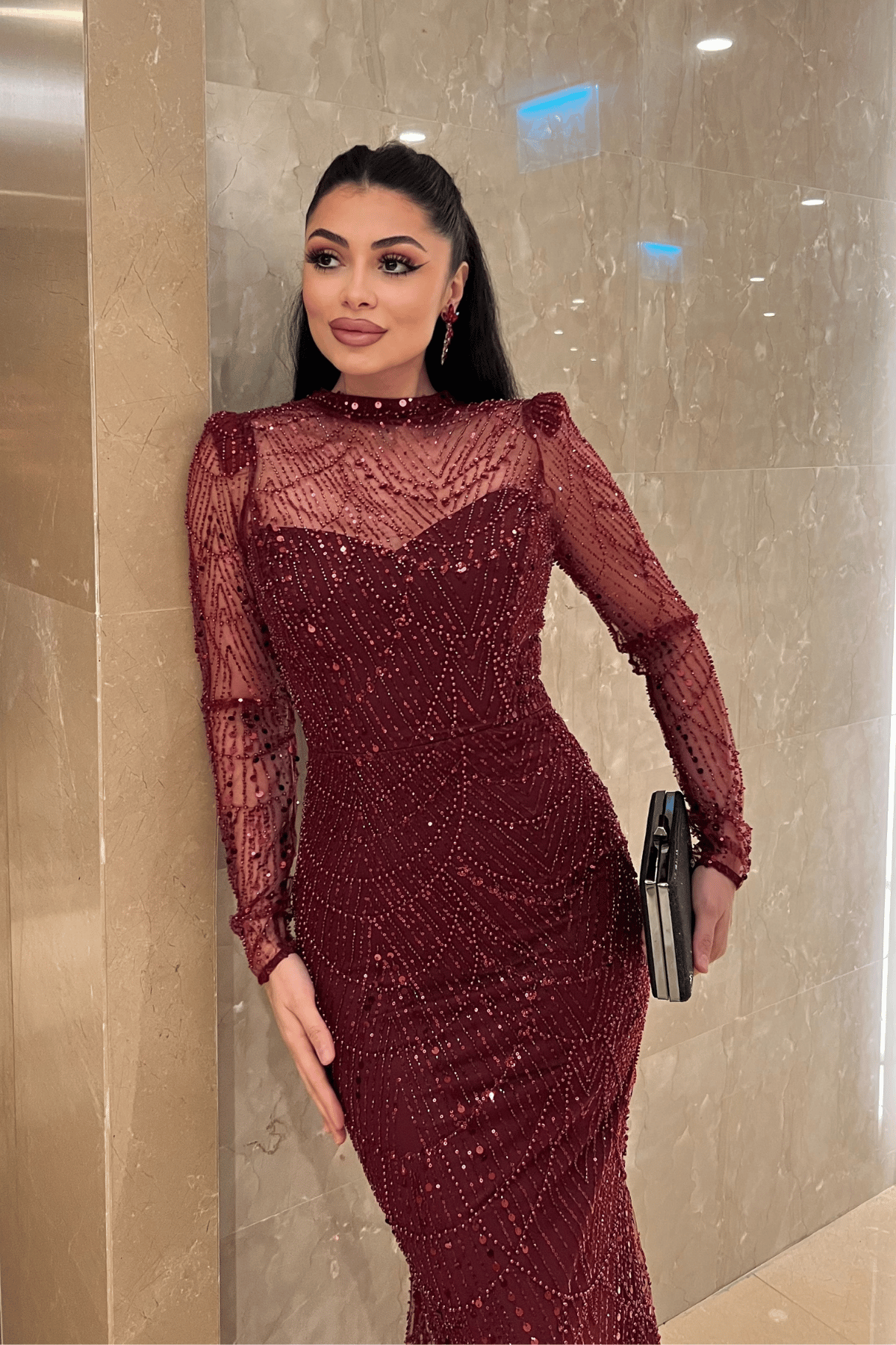 Full Boncuklu Kumaş Balık Abiye Elbise - BORDO