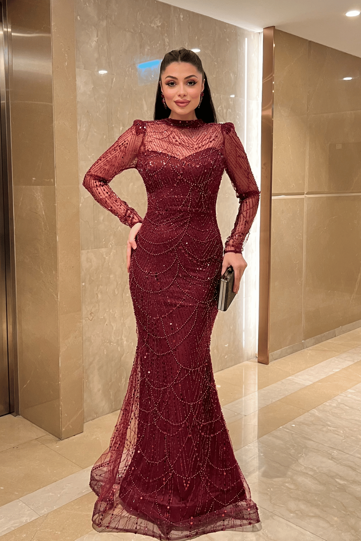 Full Boncuklu Kumaş Balık Abiye Elbise - BORDO