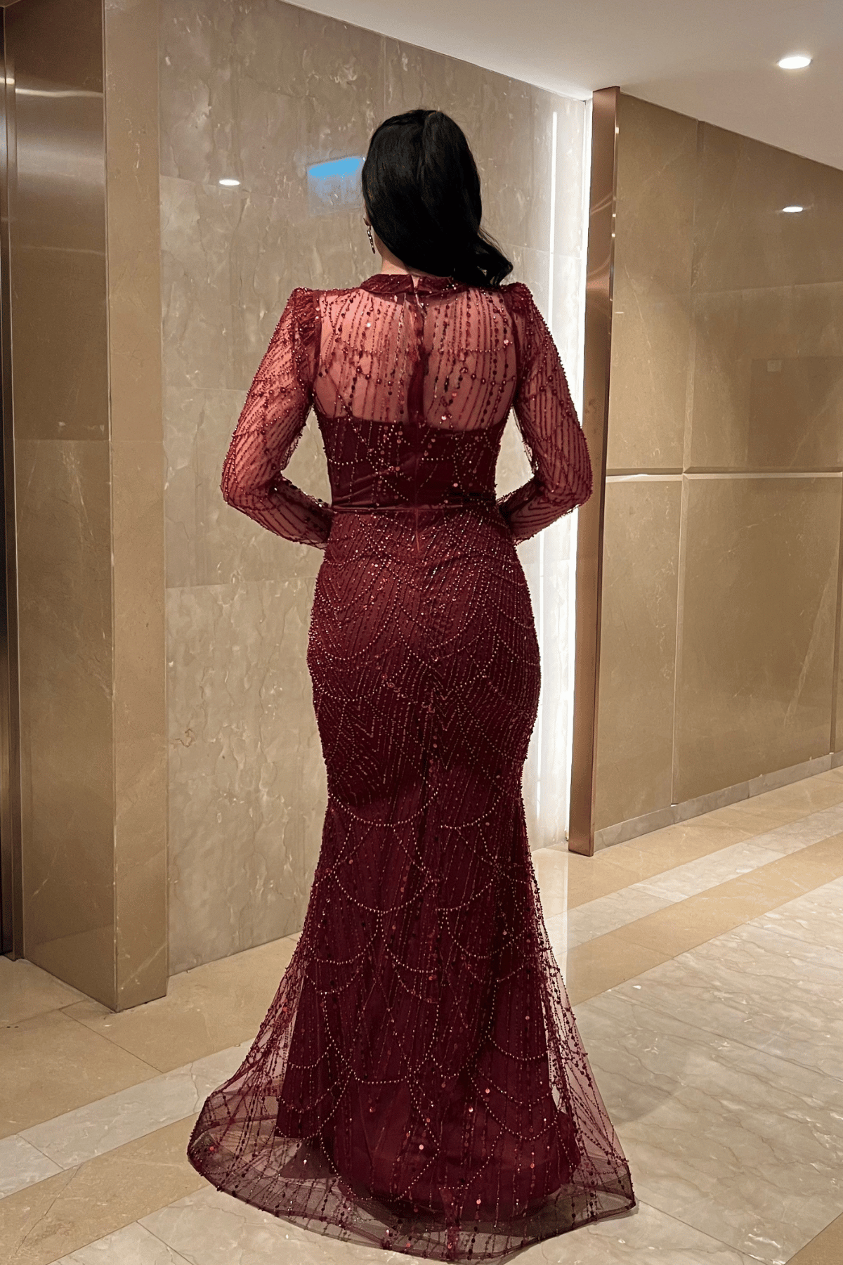 Full Boncuklu Kumaş Balık Abiye Elbise - BORDO