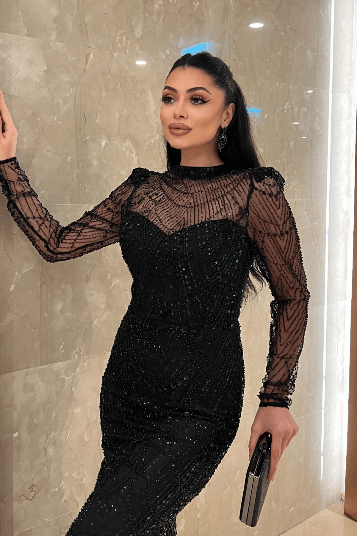 Full Boncuklu Kumaş Balık Abiye Elbise - SİYAH