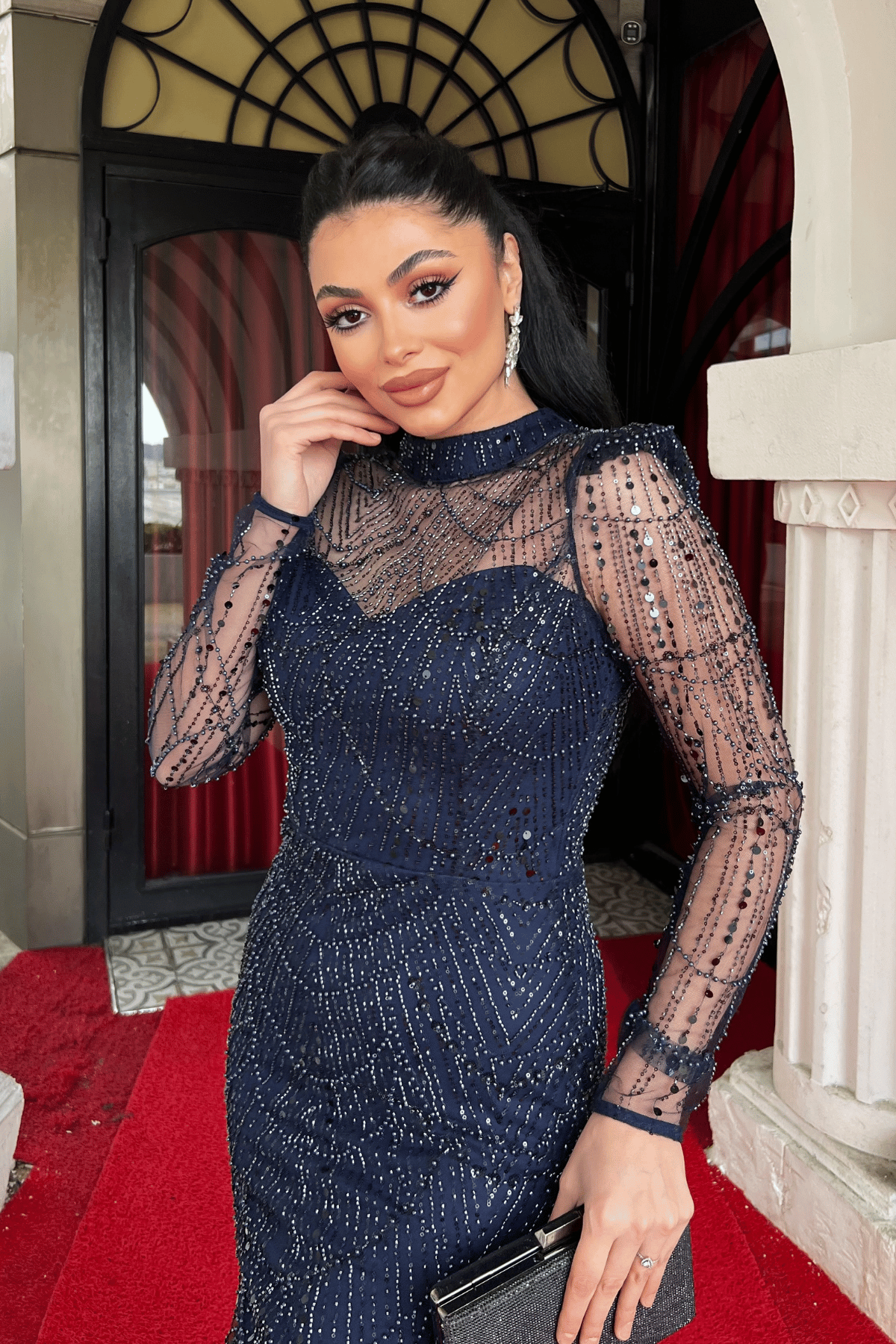 Full Boncuklu Kumaş Balık Abiye Elbise - LACİVERT