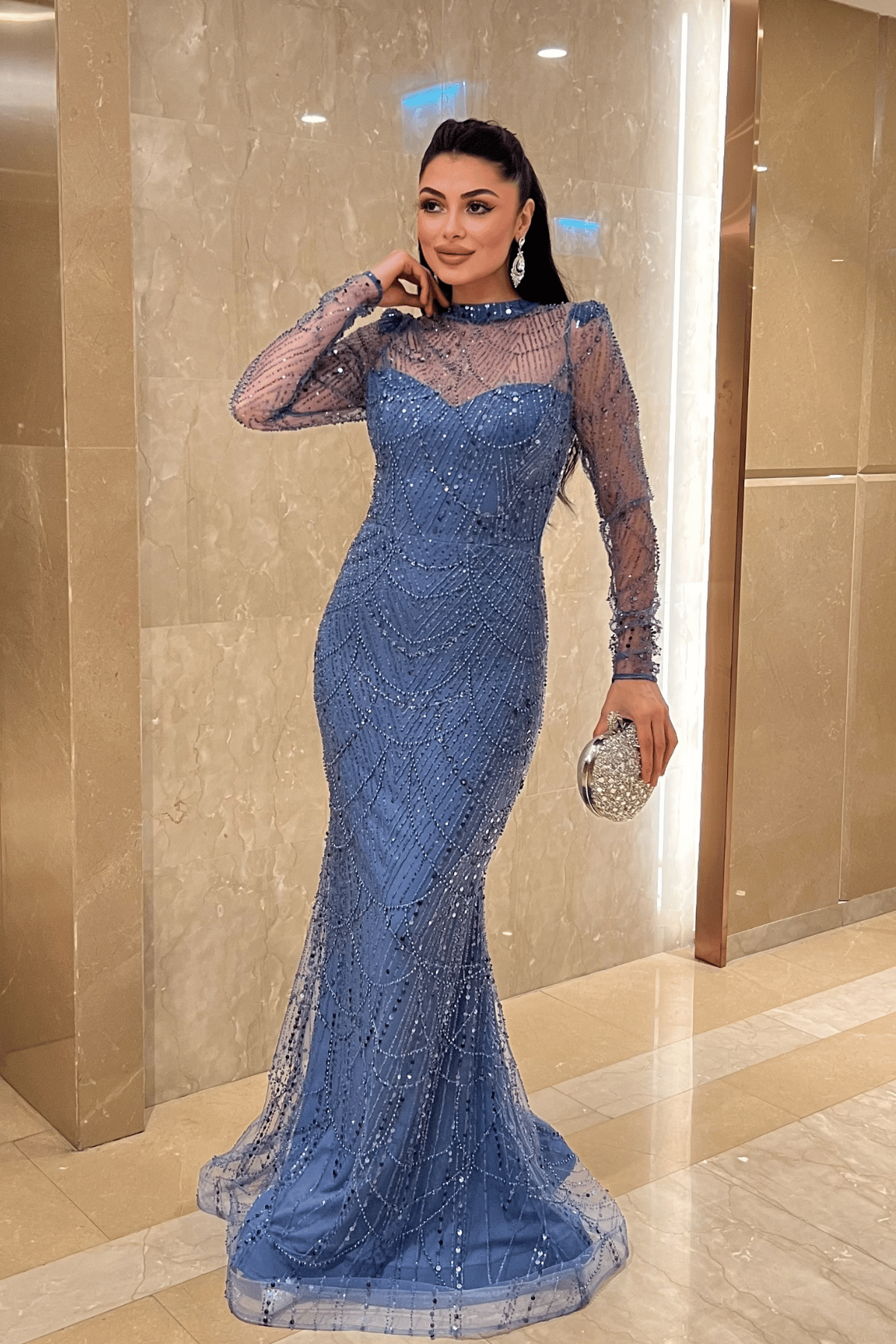 Full Boncuklu Kumaş Balık Abiye Elbise - İNDİGO MAVİ