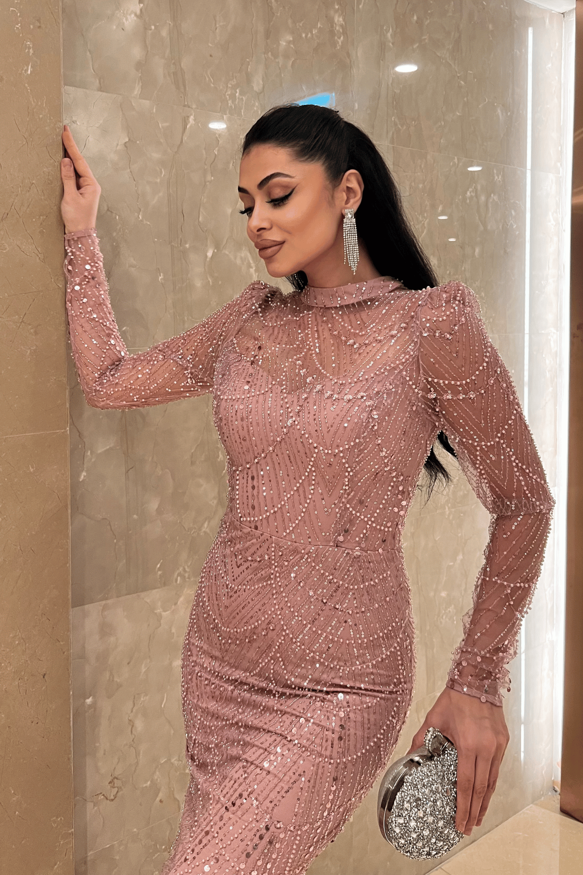 Full Boncuklu Kumaş Balık Abiye Elbise - PUDRA
