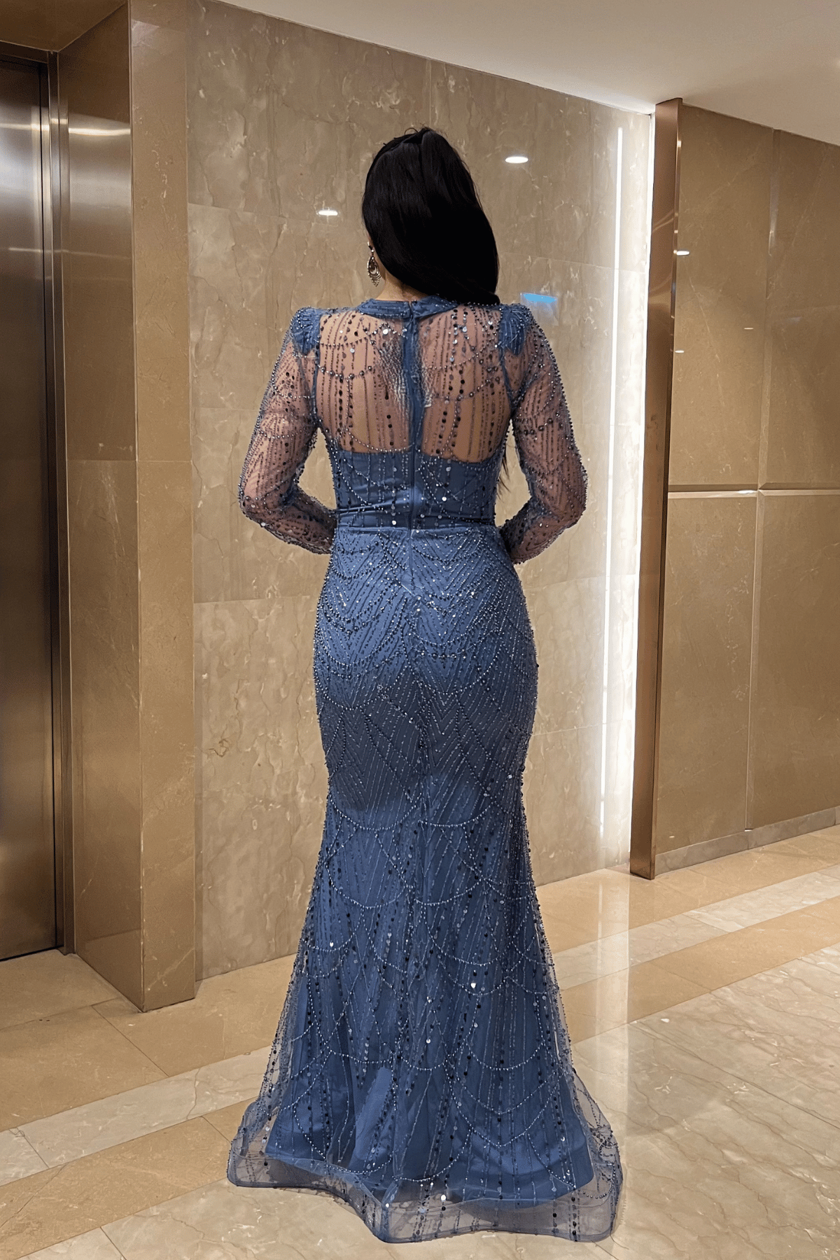 Full Boncuklu Kumaş Balık Abiye Elbise - İNDİGO MAVİ