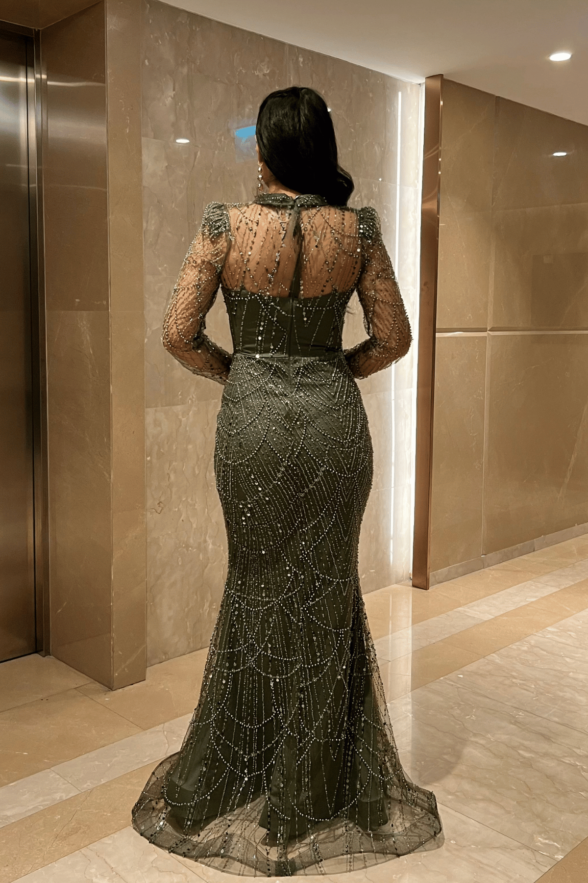 Full Boncuklu Kumaş Balık Abiye Elbise - HAKİ YEŞİLİ