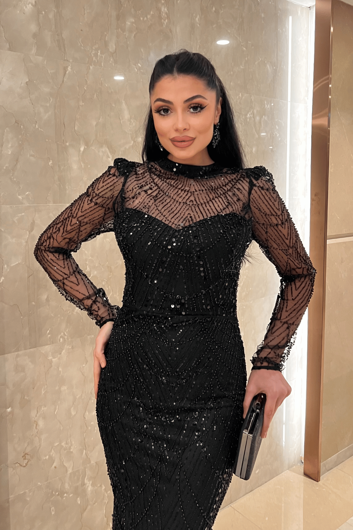 Full Boncuklu Kumaş Balık Abiye Elbise - SİYAH