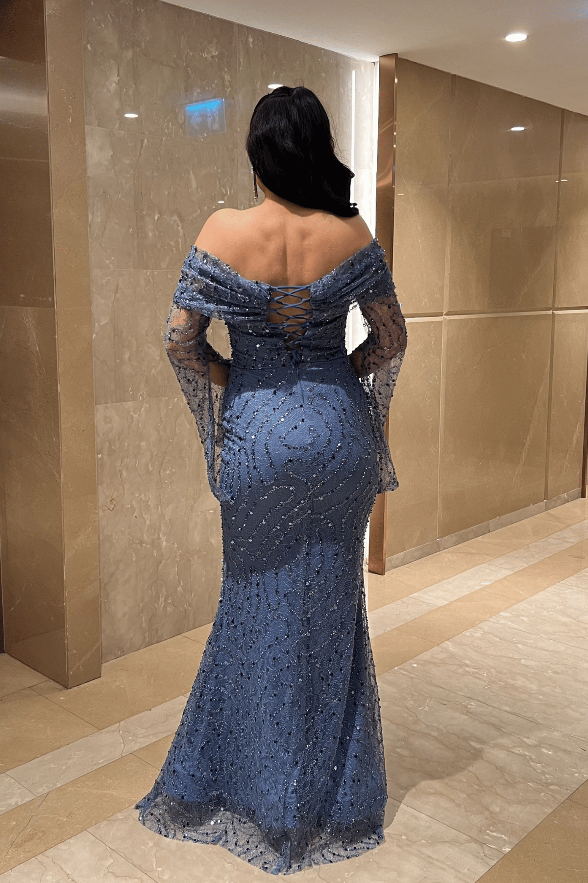 Full Boncuklu Kumaş Kayık Yaka Abiye Elbise - İNDİGO MAVİ