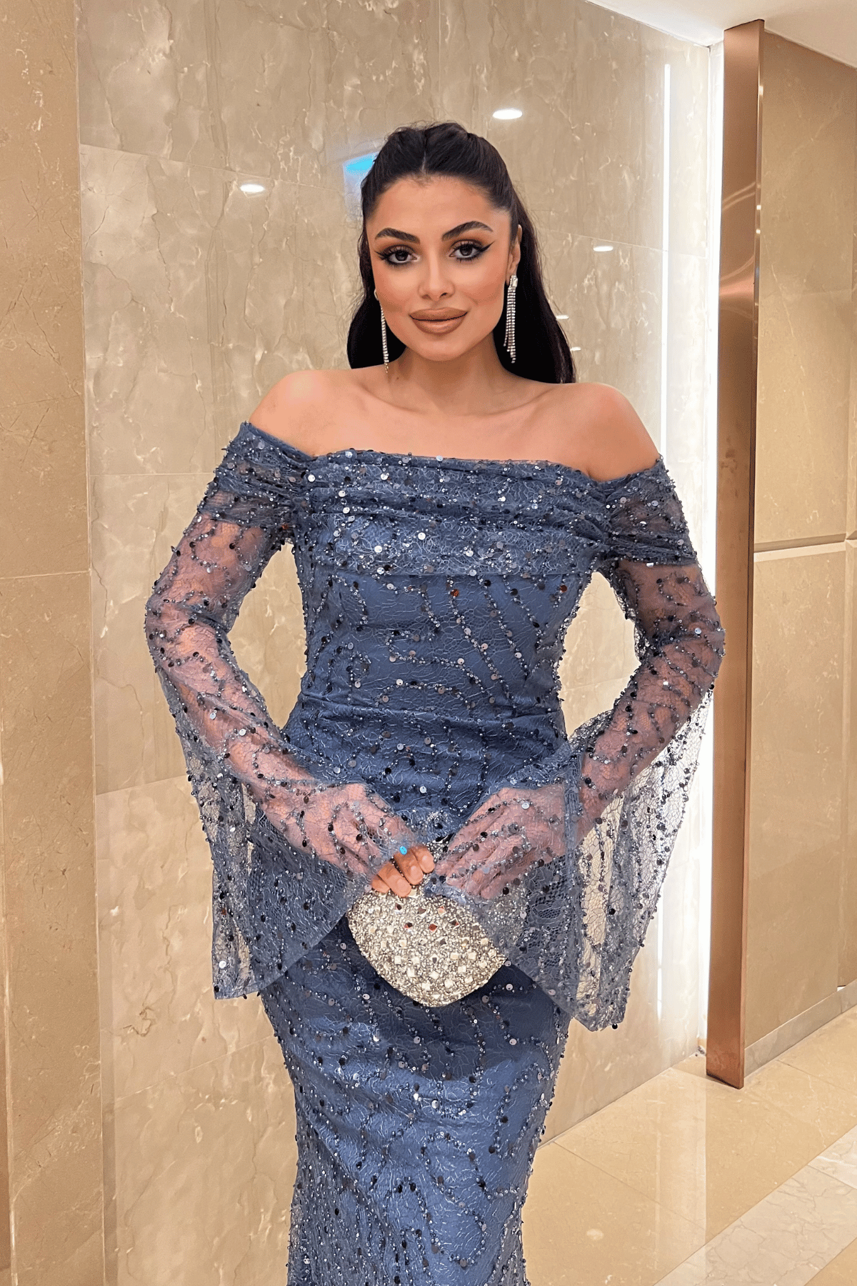 Full Boncuklu Kumaş Kayık Yaka Abiye Elbise - İNDİGO MAVİ