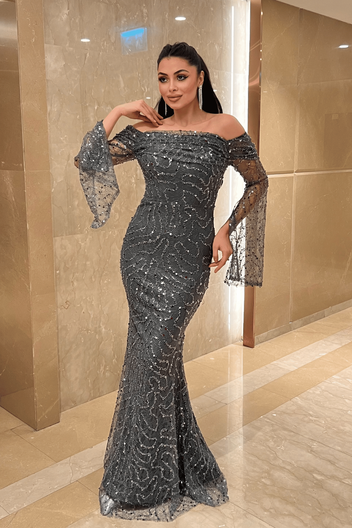 Full Boncuklu Kumaş Kayık Yaka Abiye Elbise - ANTRASİT