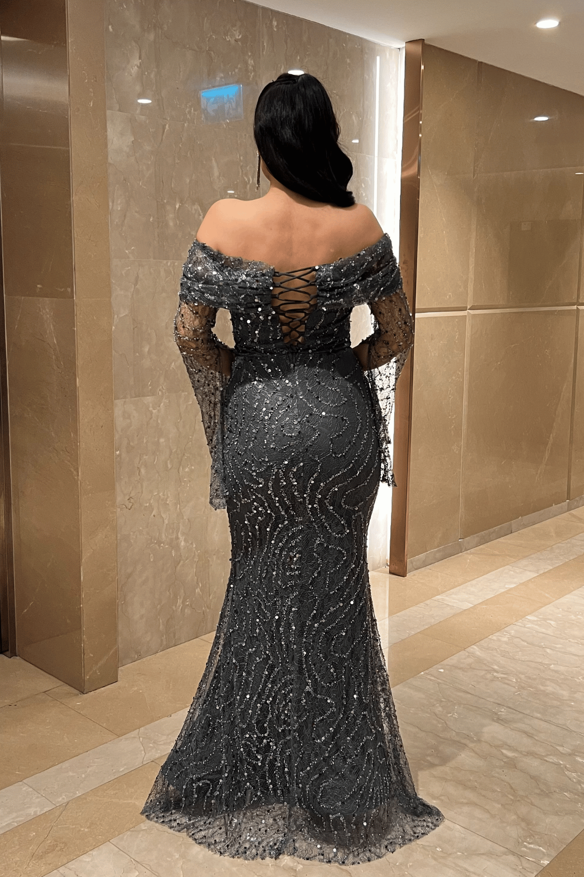 Full Boncuklu Kumaş Kayık Yaka Abiye Elbise - ANTRASİT