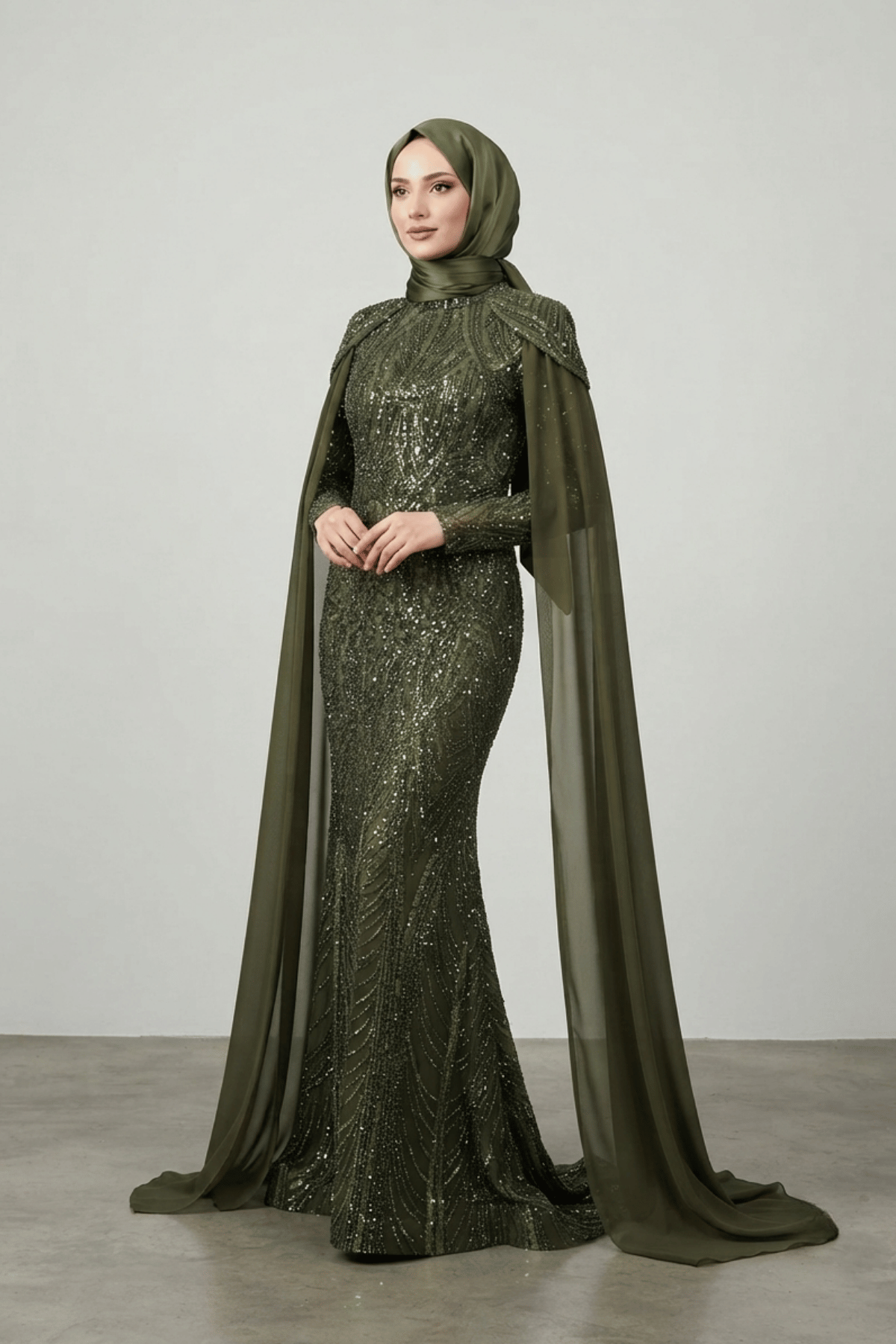 Full Boncuklu Kumaş Kolları Sifon Detaylı Tesettür  Elbise - HAKİ YEŞİLİ
