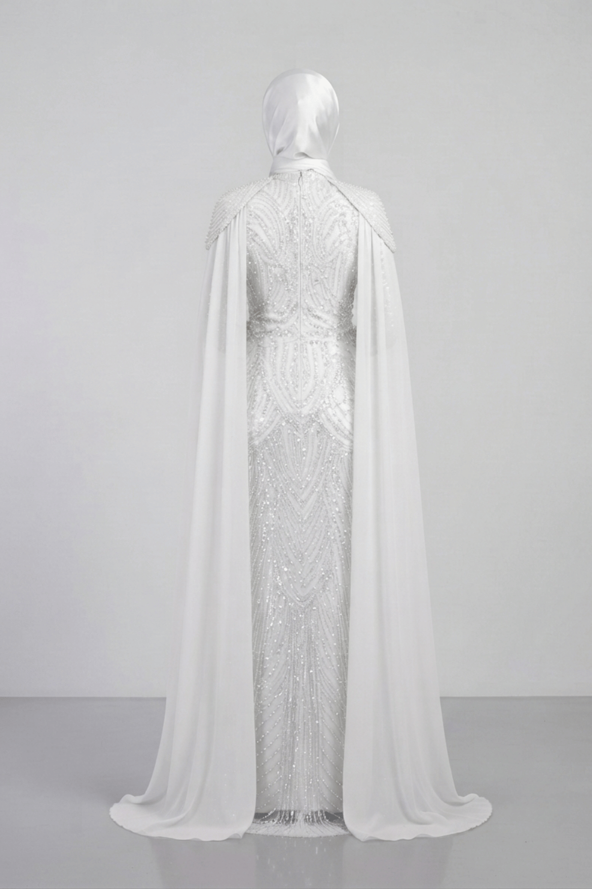 Full Boncuklu Kumaş Kolları Sifon Detaylı Tesettür  Elbise - BEYAZ