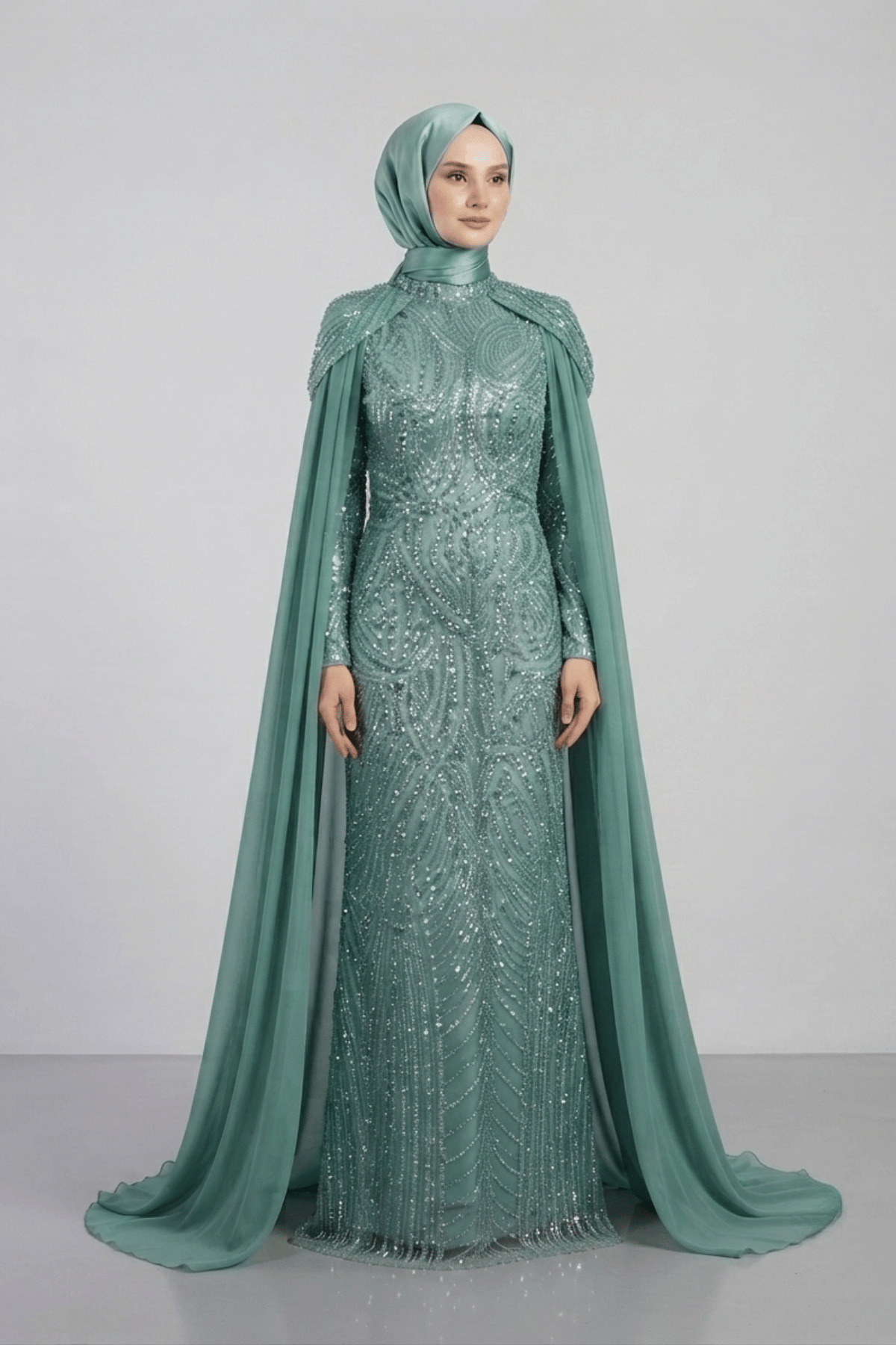Full Boncuklu Kumaş Kolları Sifon Detaylı Tesettür  Elbise - MİNT YEŞİLİ