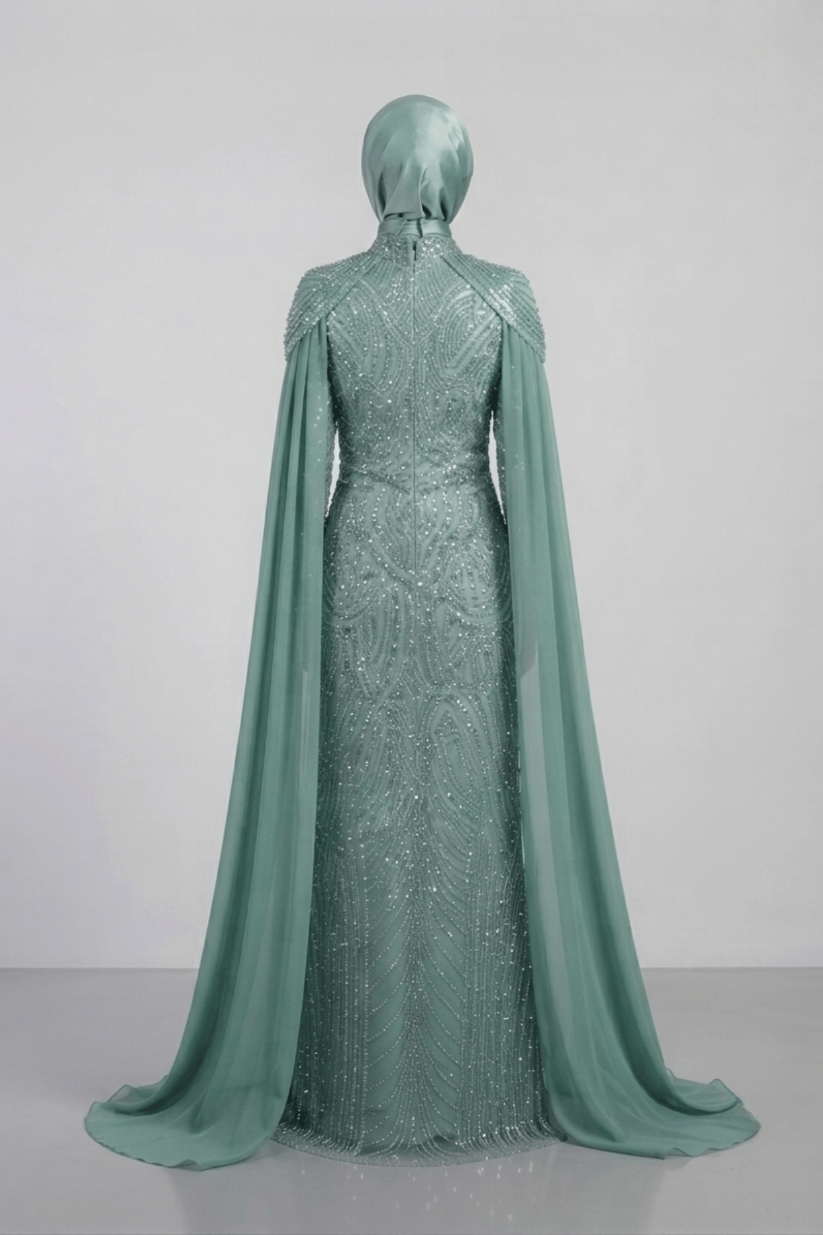 Full Boncuklu Kumaş Kolları Sifon Detaylı Tesettür  Elbise - MİNT YEŞİLİ