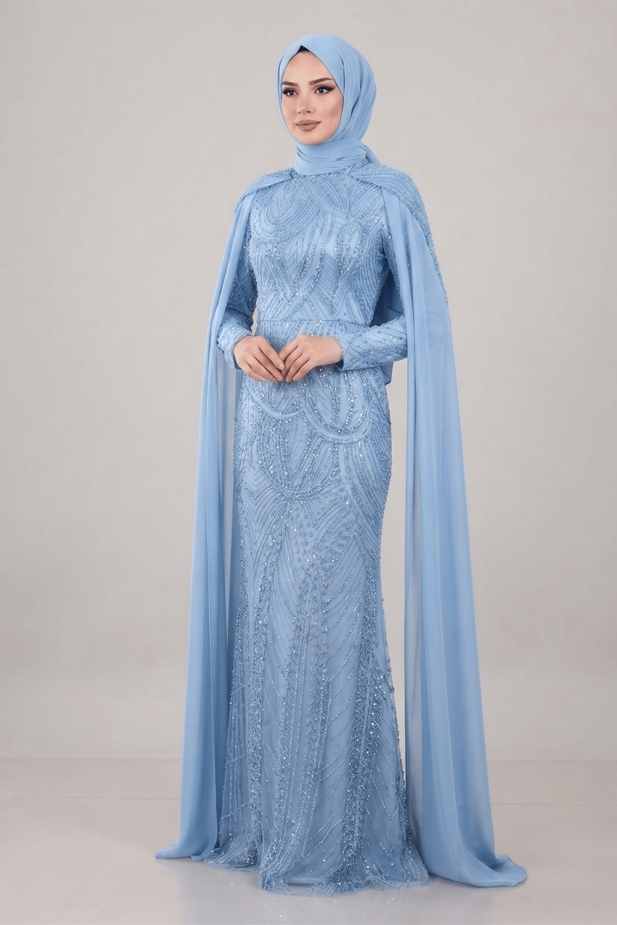 Full Boncuklu Kumaş Kolları Sifon Detaylı Tesettür  Elbise - BEBE MAVİSİ