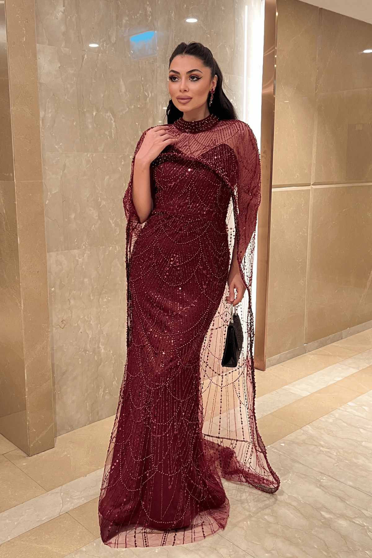 Full Boncuklu Kumaş Pelerin Detaylı Abiye Elbise - BORDO