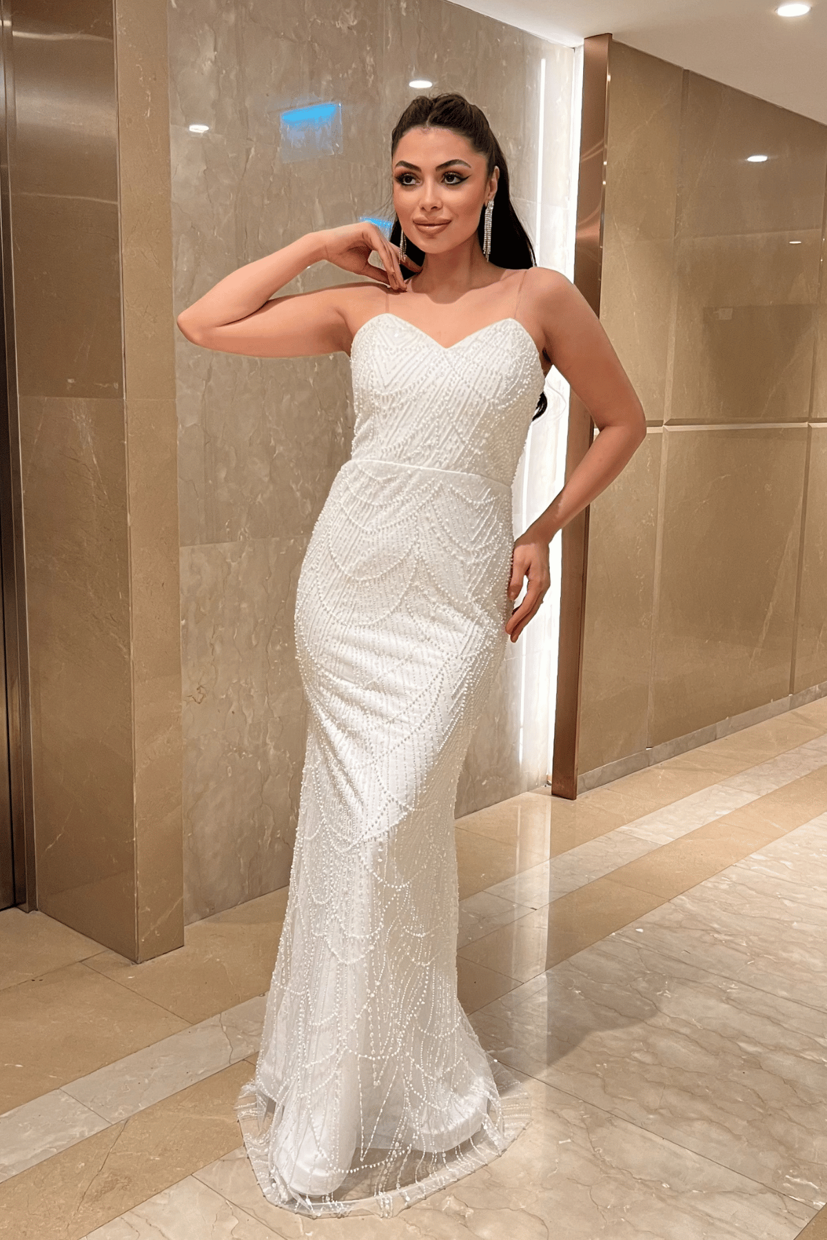 Full Boncuklu Kumaş Pelerin Detaylı Abiye Elbise - BEYAZ