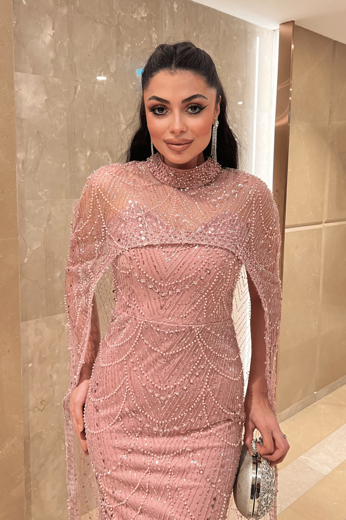 Full Boncuklu Kumaş Pelerin Detaylı Abiye Elbise - PUDRA