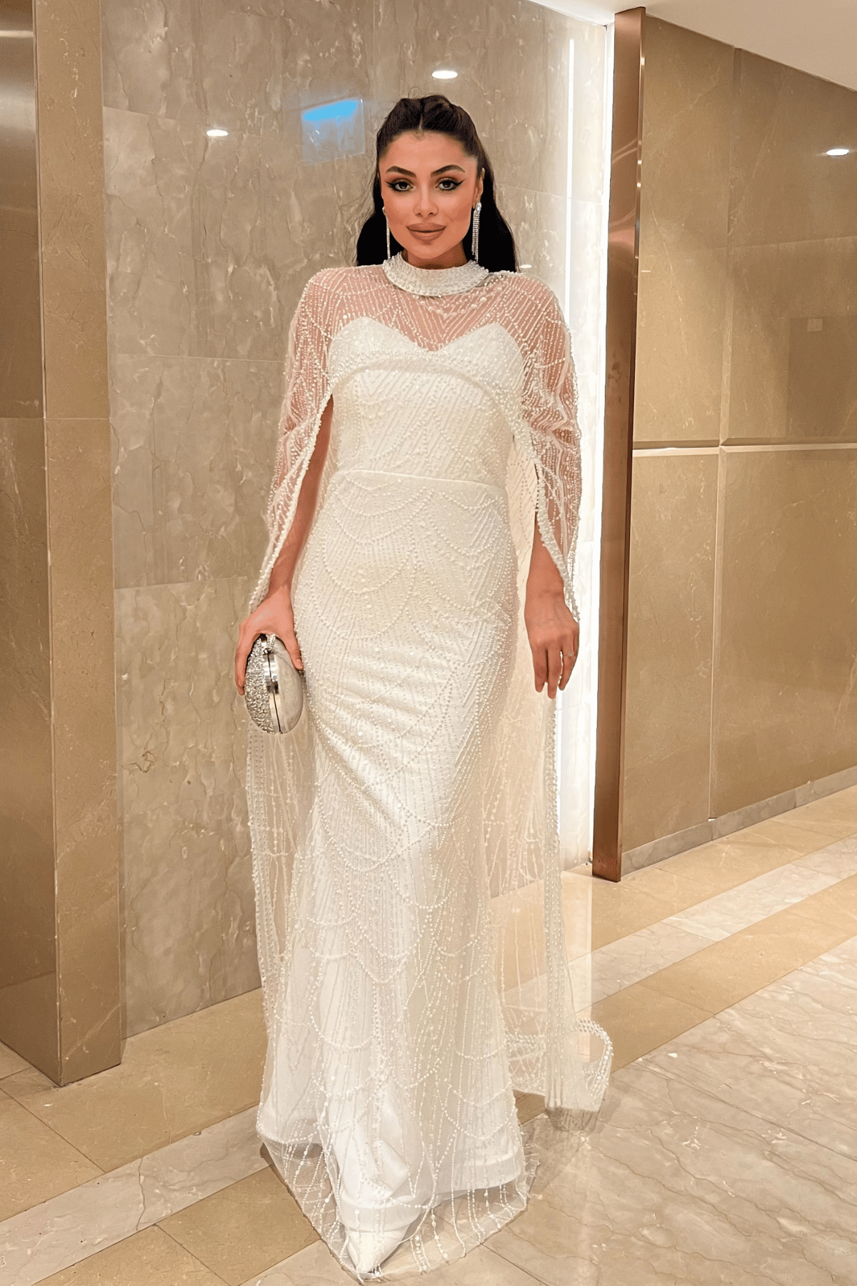 Full Boncuklu Kumaş Pelerin Detaylı Abiye Elbise - BEYAZ