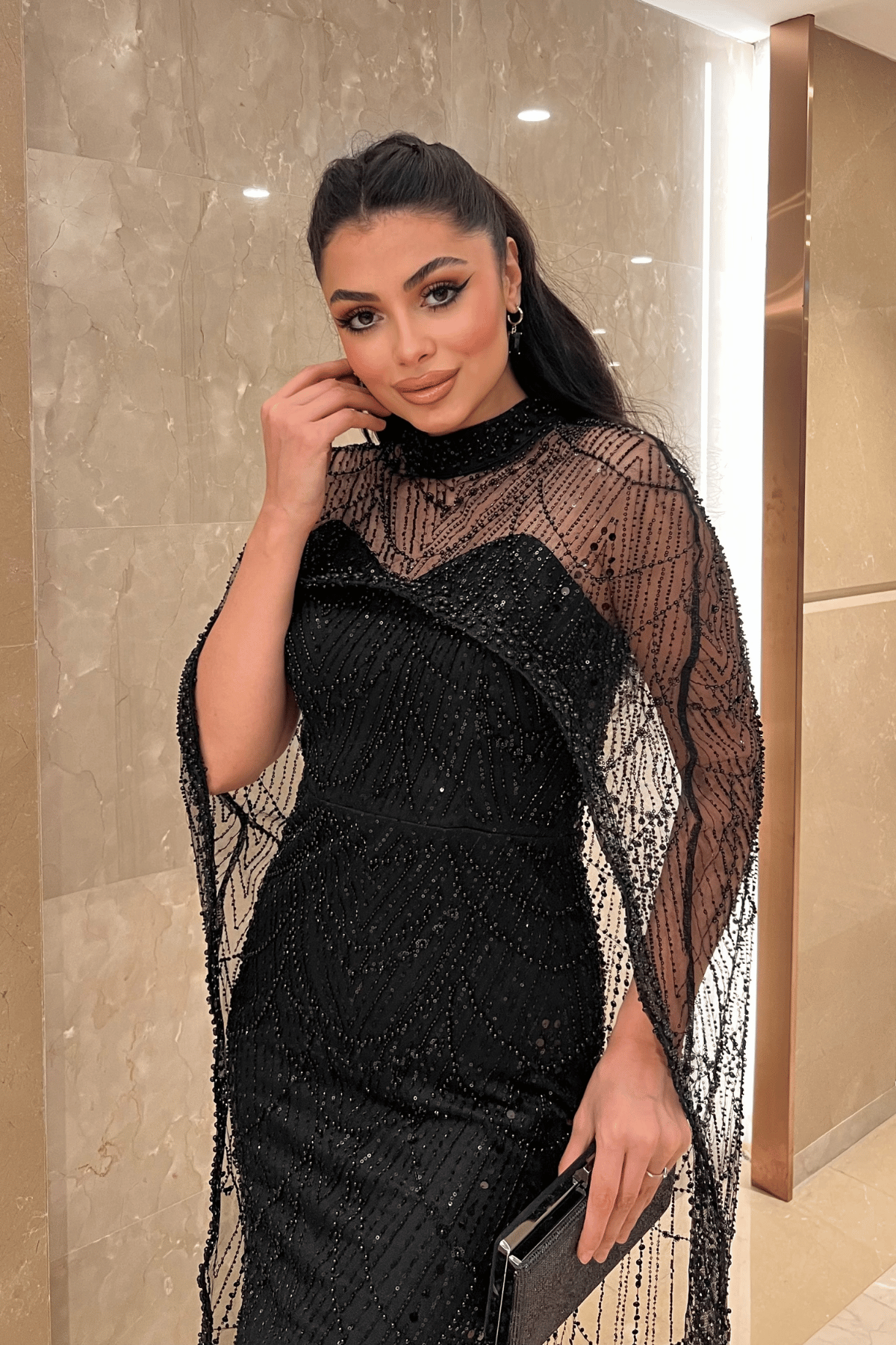 Full Boncuklu Kumaş Pelerin Detaylı Abiye Elbise - SİYAH