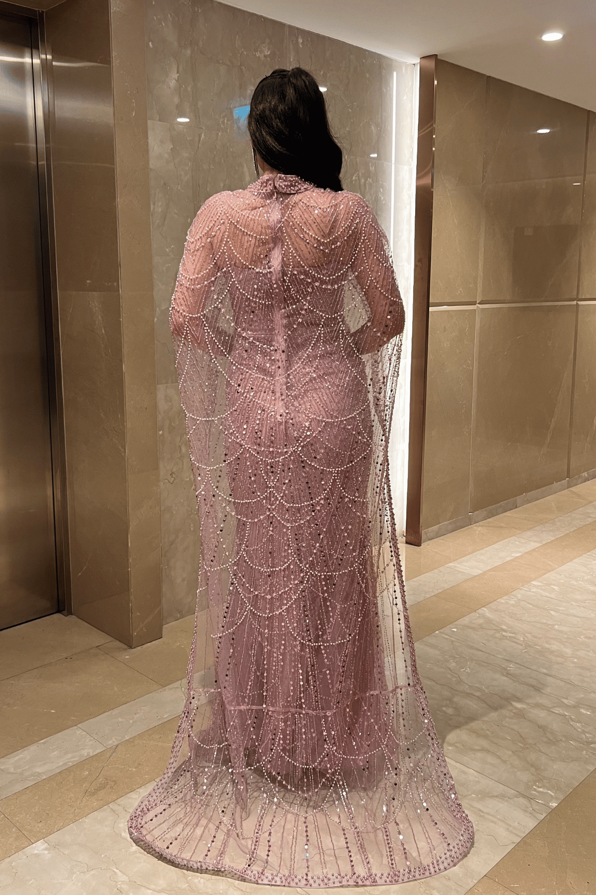 Full Boncuklu Kumaş Pelerin Detaylı Abiye Elbise - PUDRA