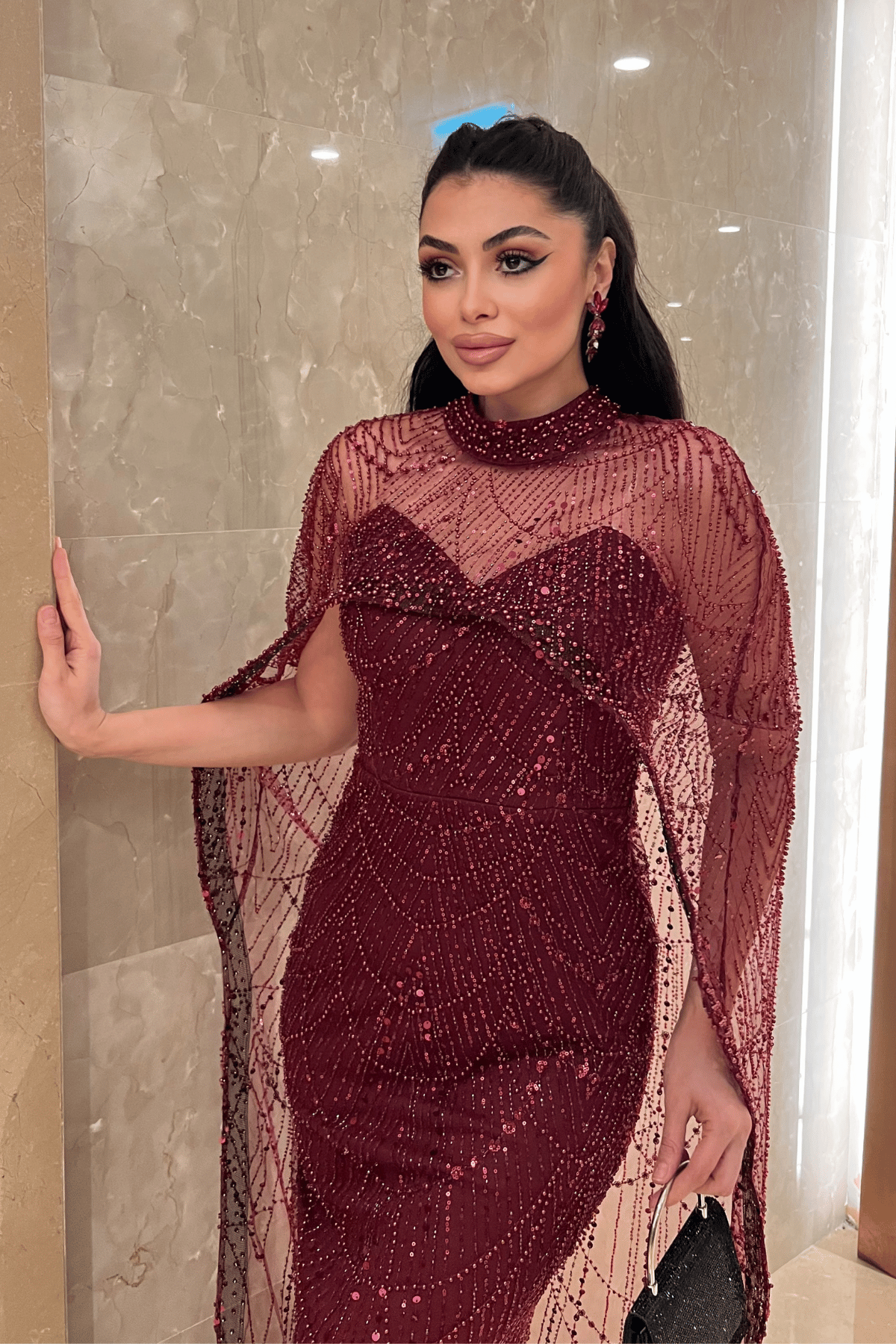 Full Boncuklu Kumaş Pelerin Detaylı Abiye Elbise - BORDO